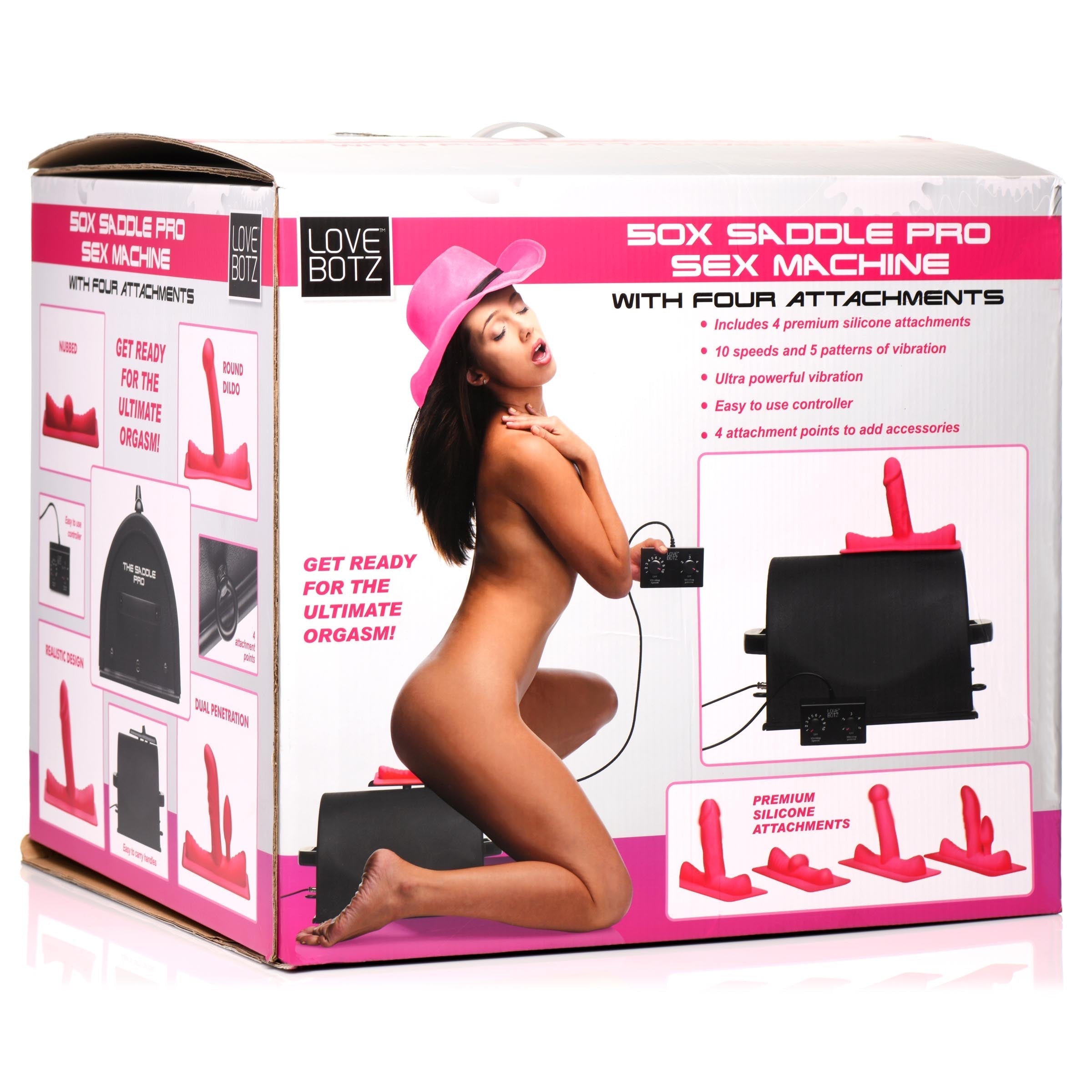 Packaging of the Saddle Pro Sex Machine featuring a model with a pink hat