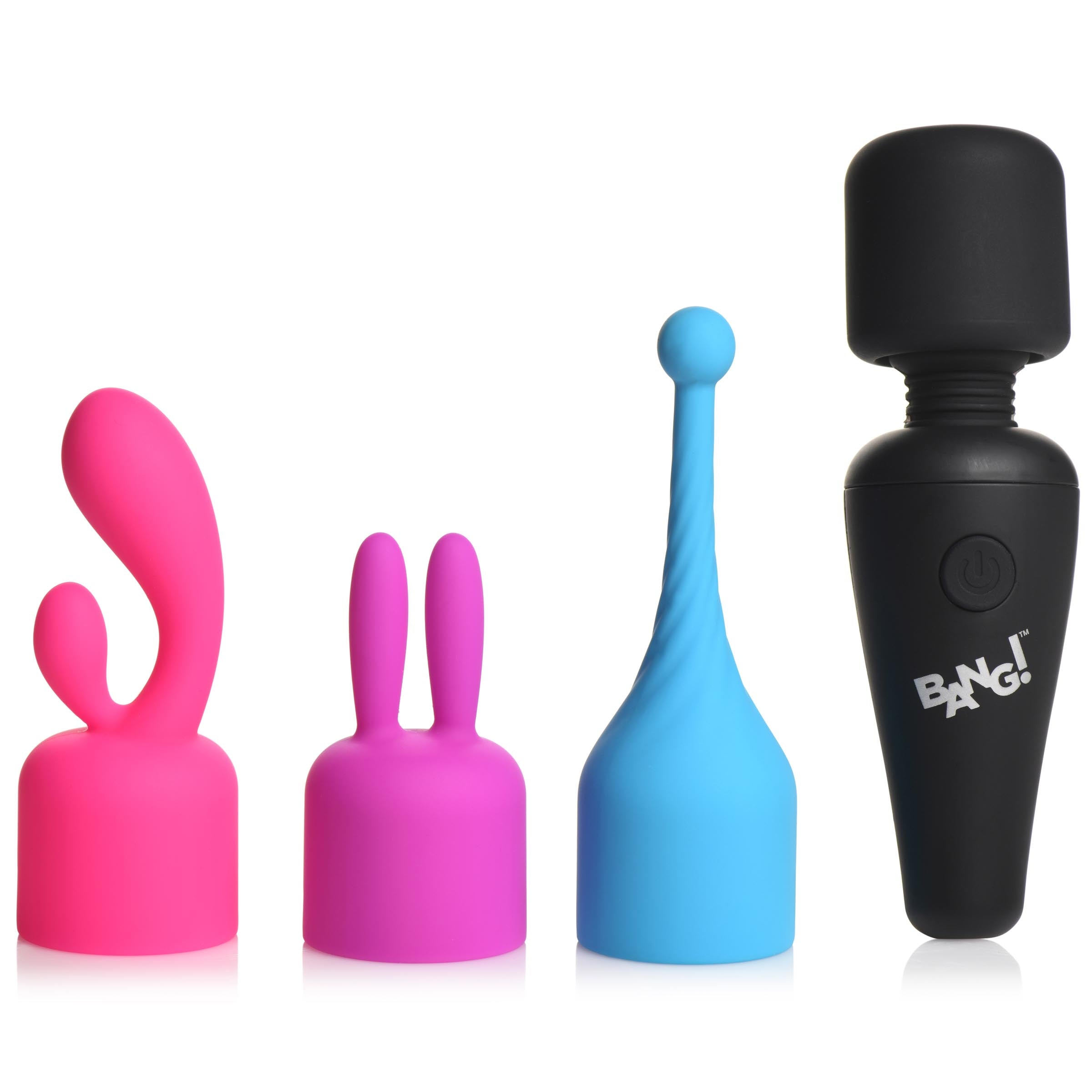 A collection of four compact wand massagers with various attachments