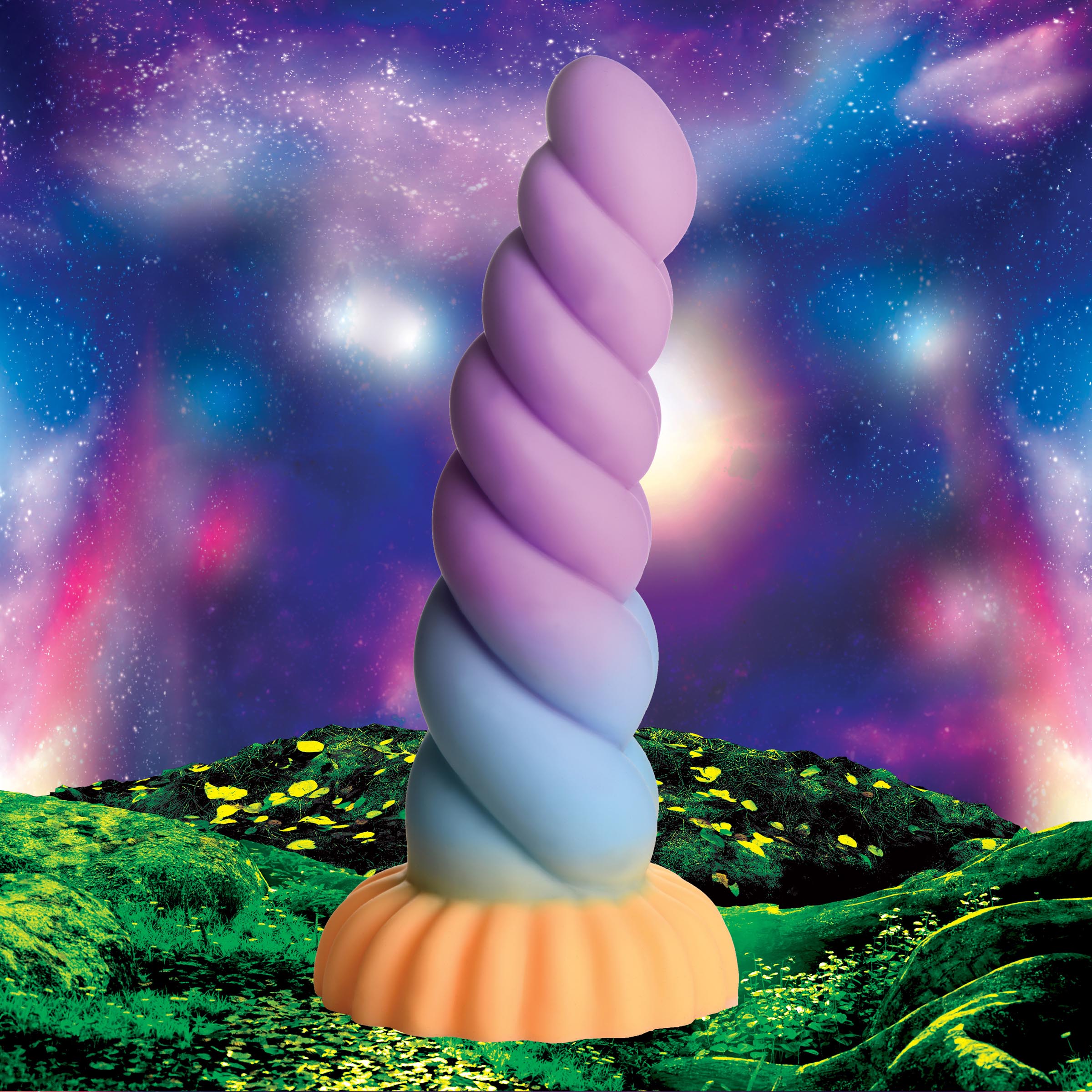 Silicone unicorn dildo positioned against a scenic backdrop