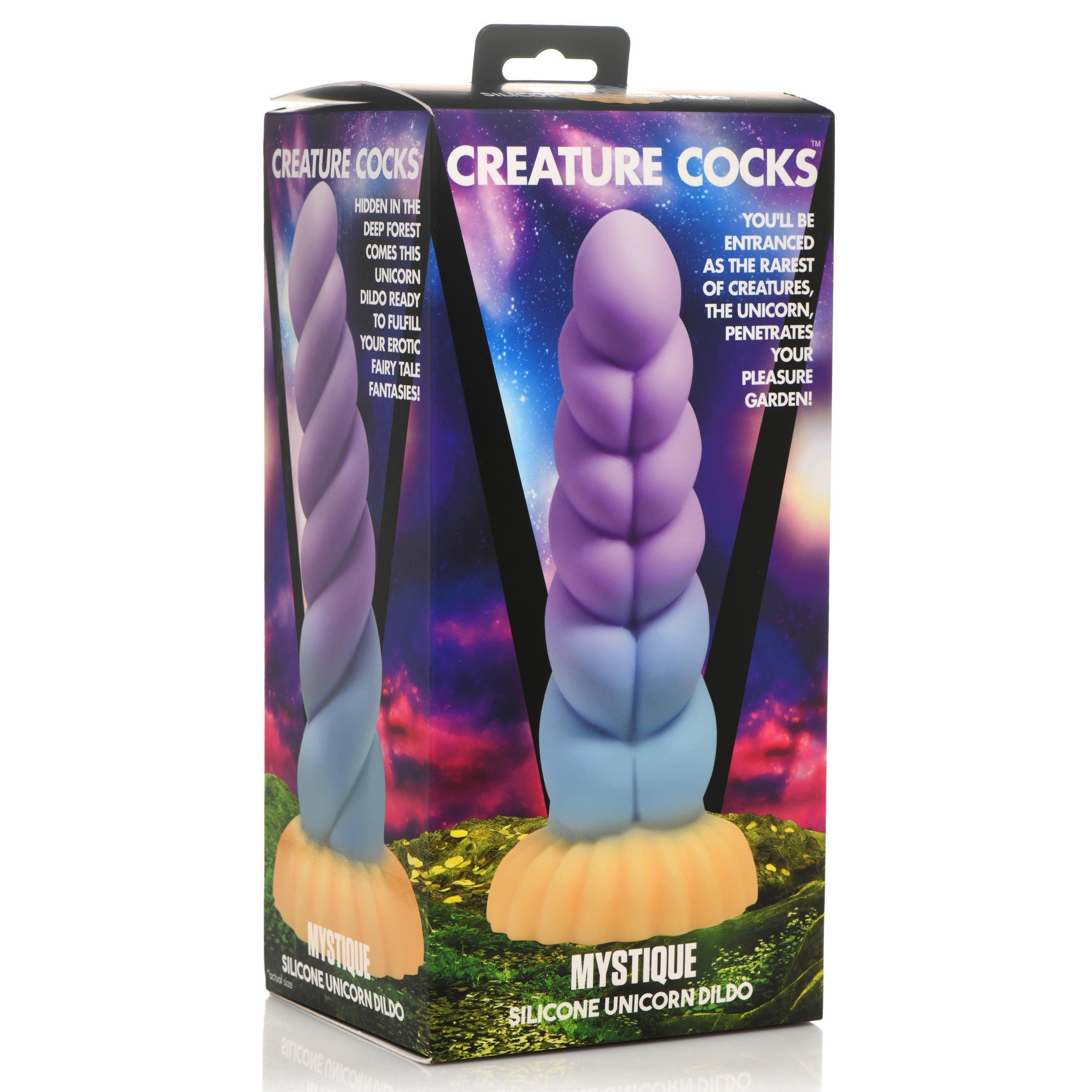 Packaging of the Mystique Silicone Unicorn Dildo