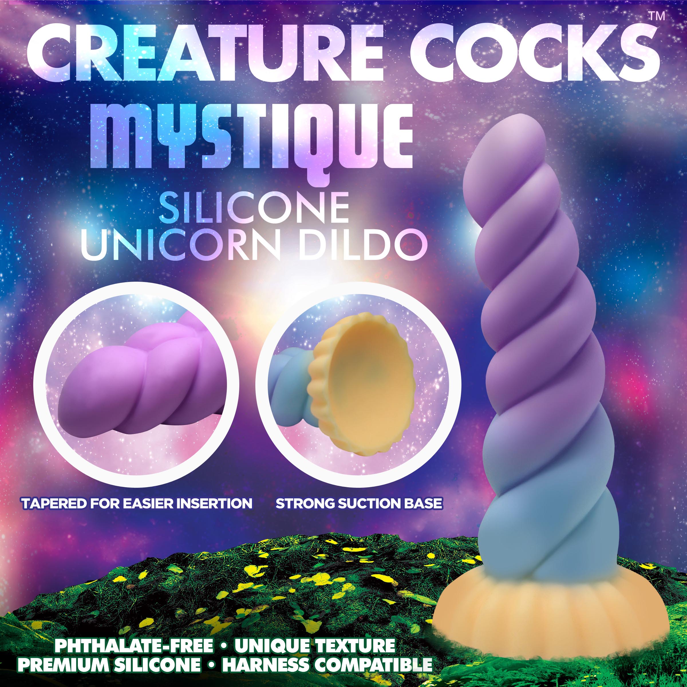 Close-up of the Mystique Silicone Unicorn Dildo