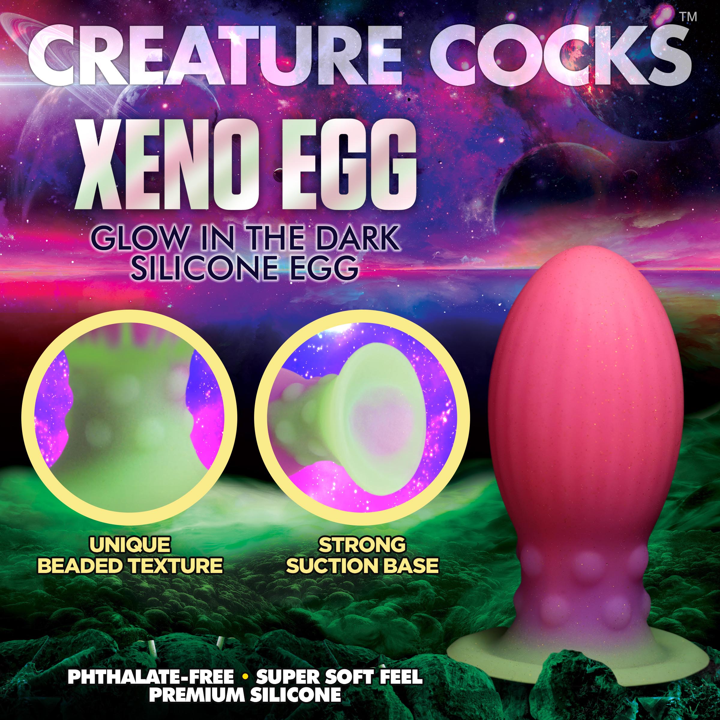 Xeno Egg silicone glow product with descriptive text highlighting its features