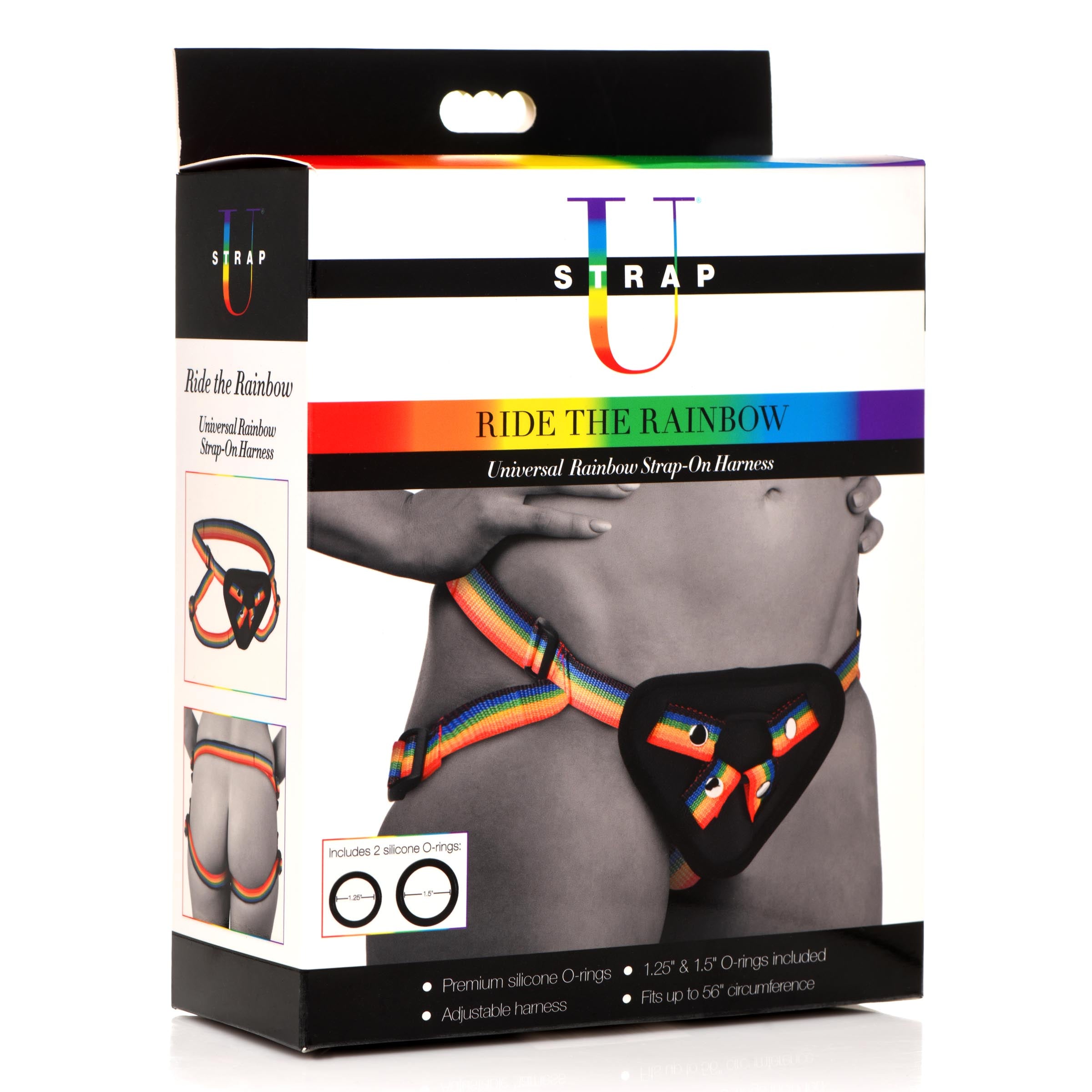 'Ride The Rainbow' strap-on harness in its retail packaging