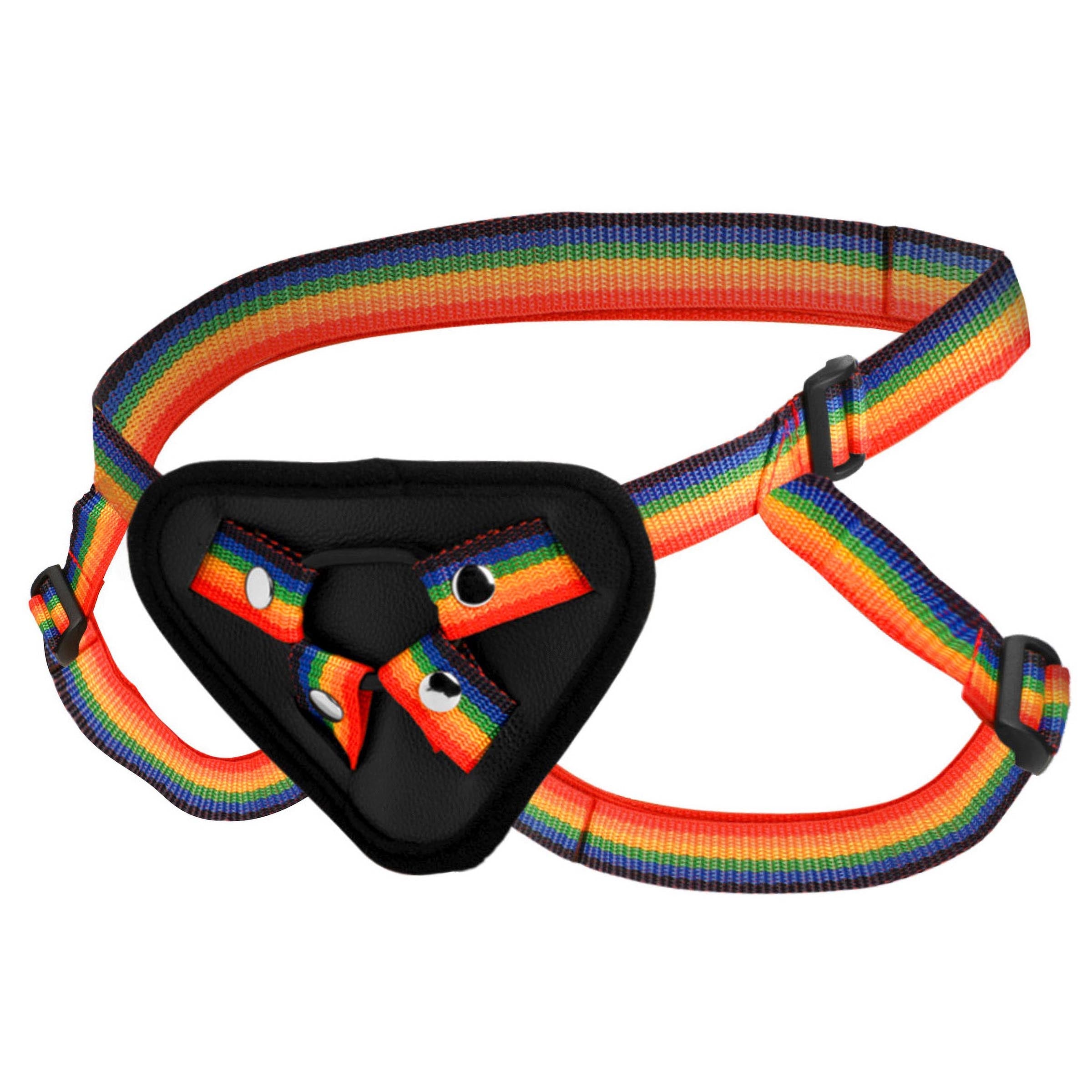 Multicolored strap-on harness with a secure black buckle