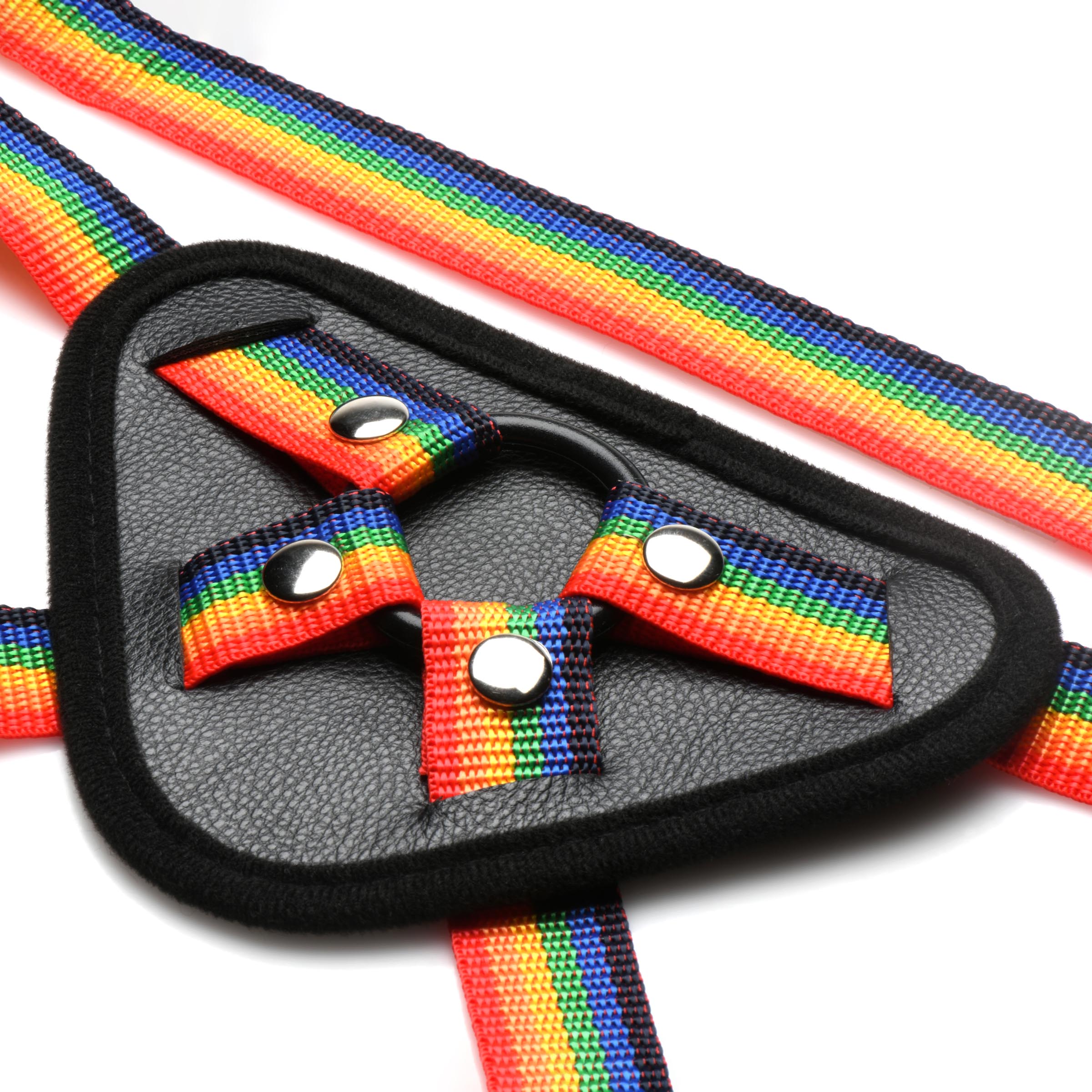 Rainbow strap-on harness featuring a black buckle and dual metal rings for stability