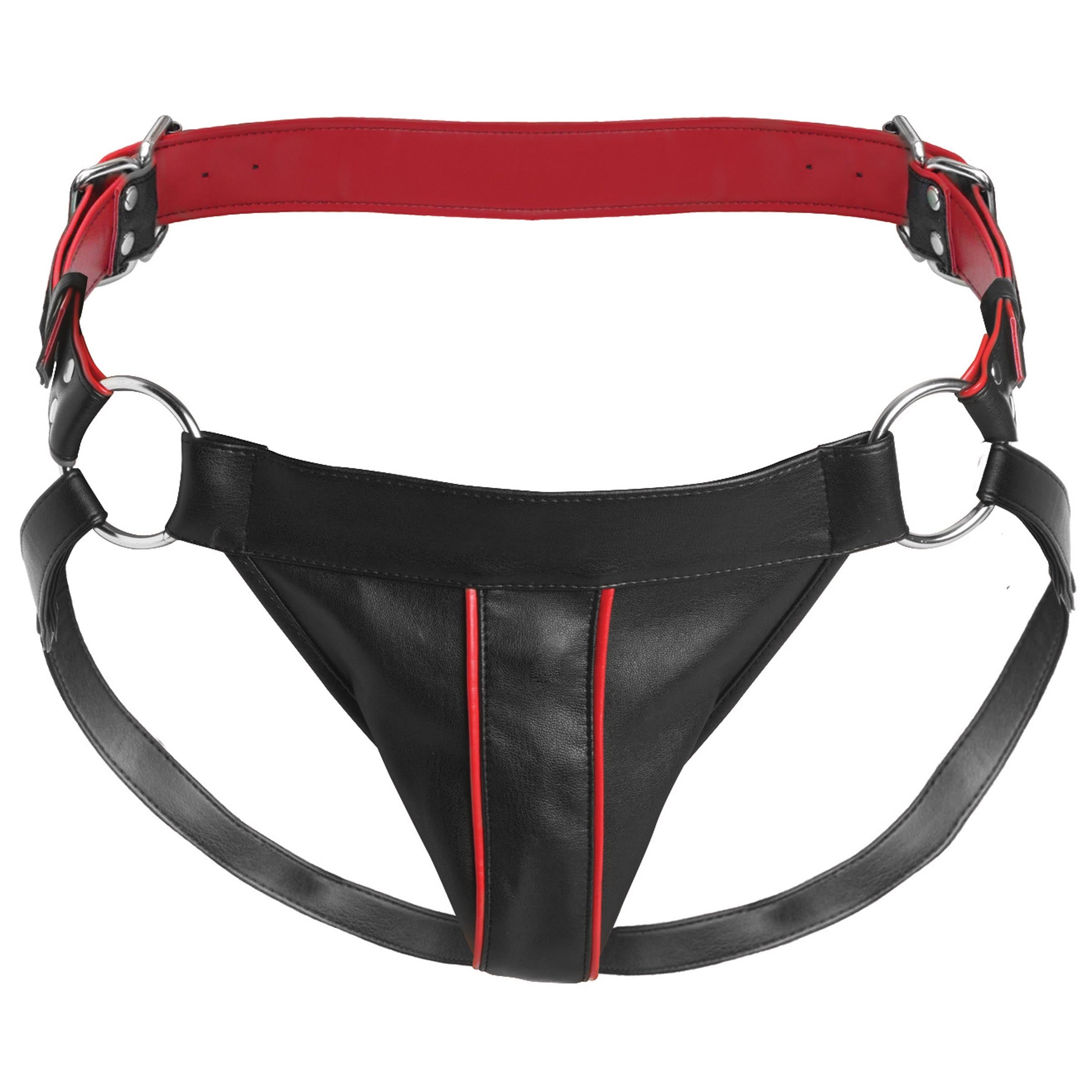 Detail view of Heathen's black and red leather body harness with dual straps