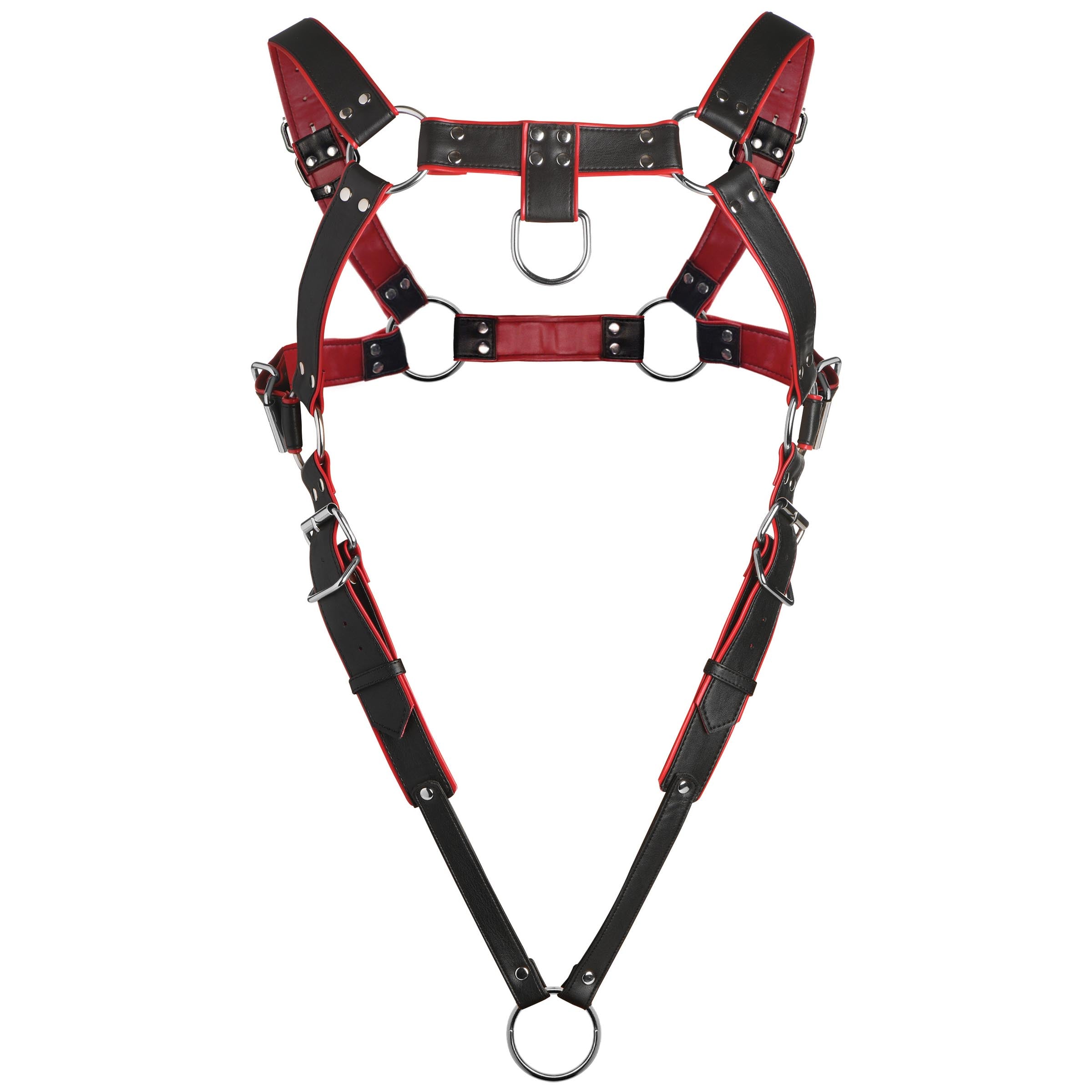 Heathen's Male Body Harness featuring contrasting red and black design