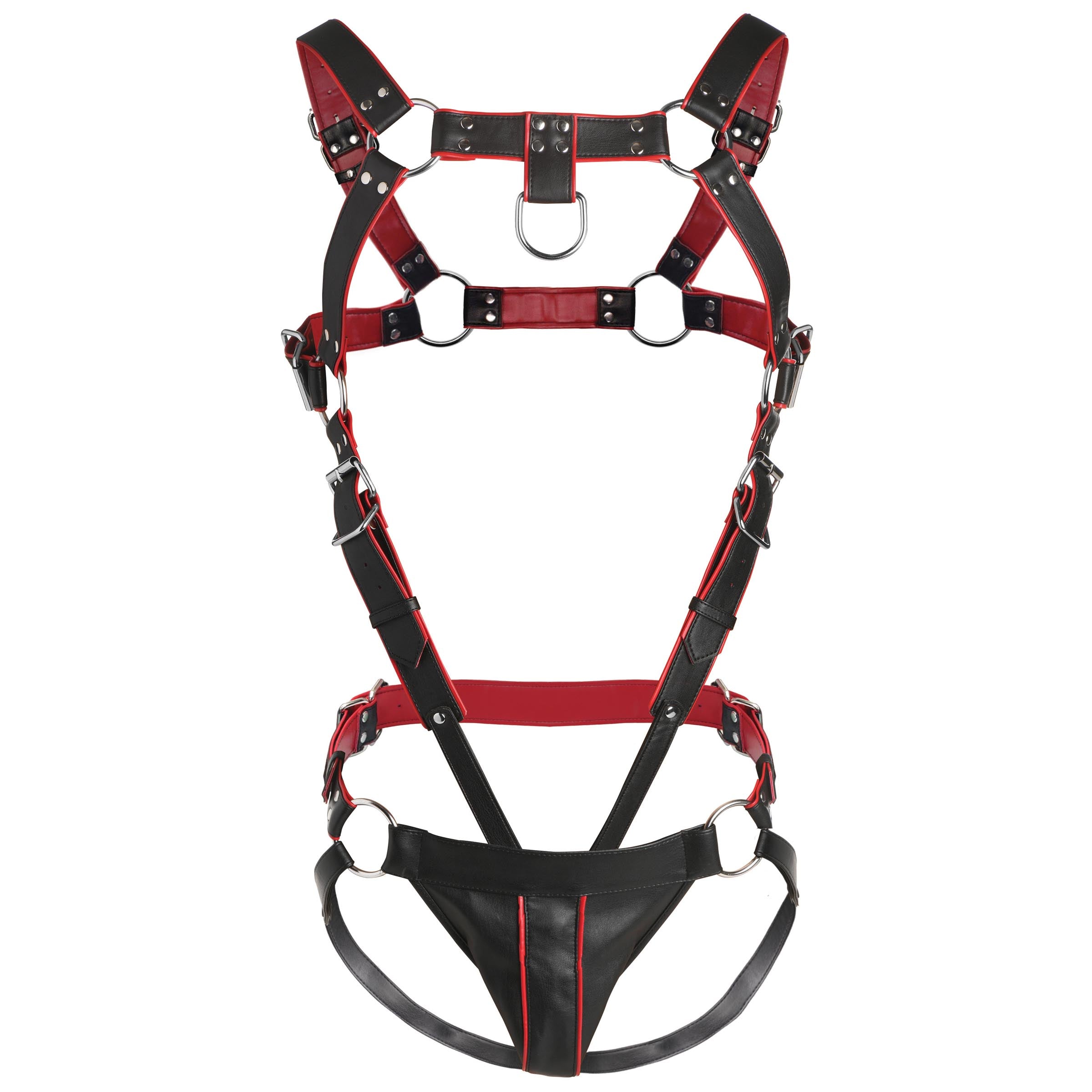 Craftsmanship of Heathen's black and red leather body harness