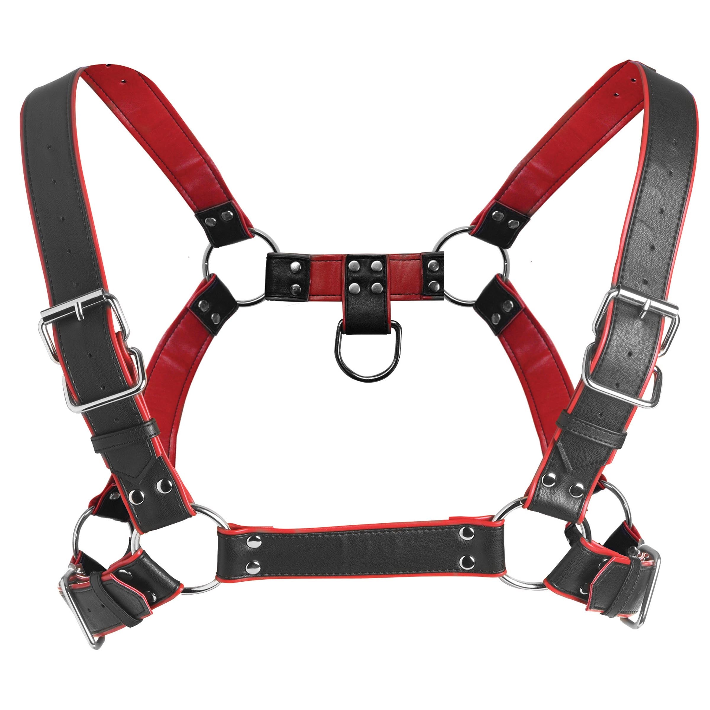 Heathen's Body Harness with intricate red and black strap design