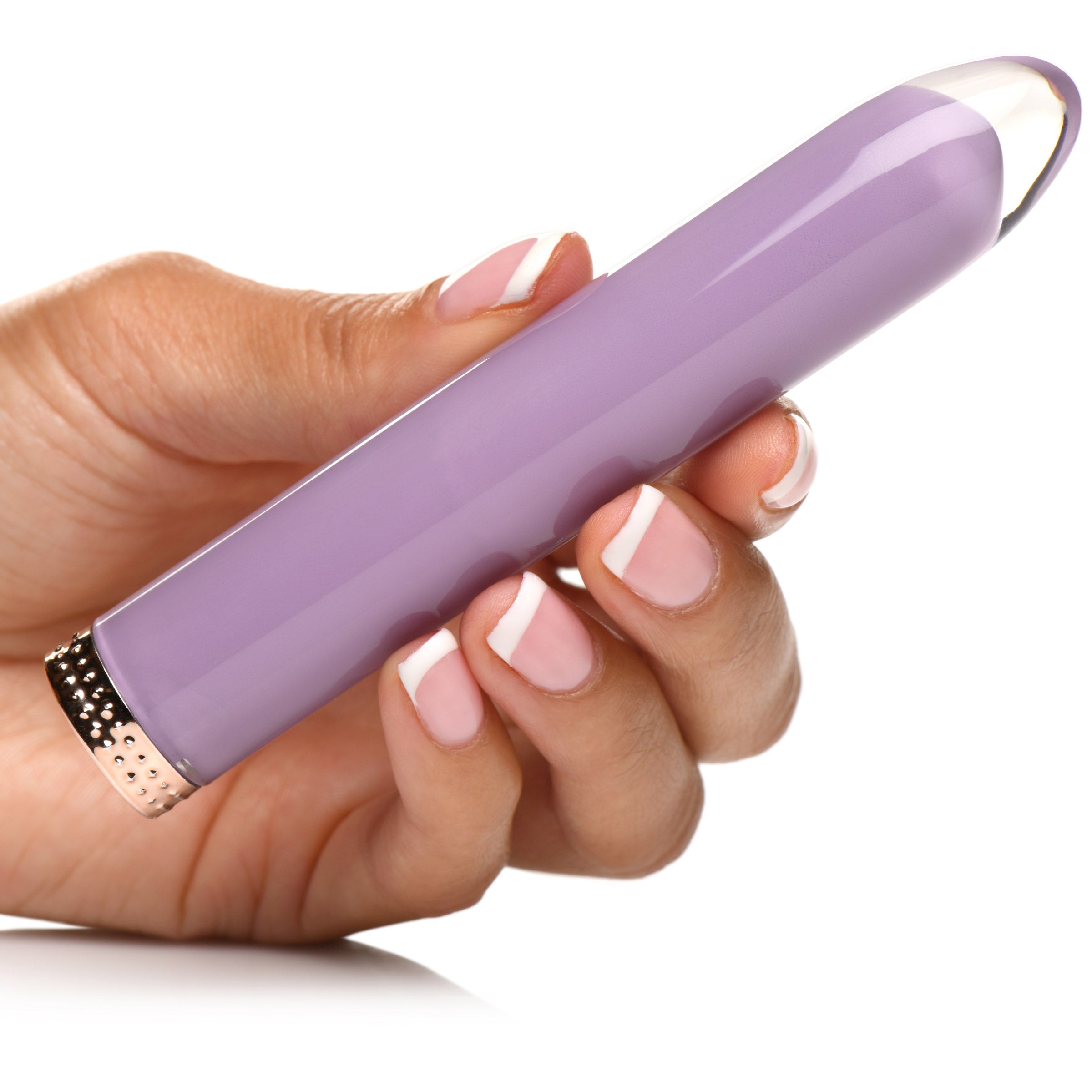 Close view of a woman's hand showcasing the mini lilac vibrator