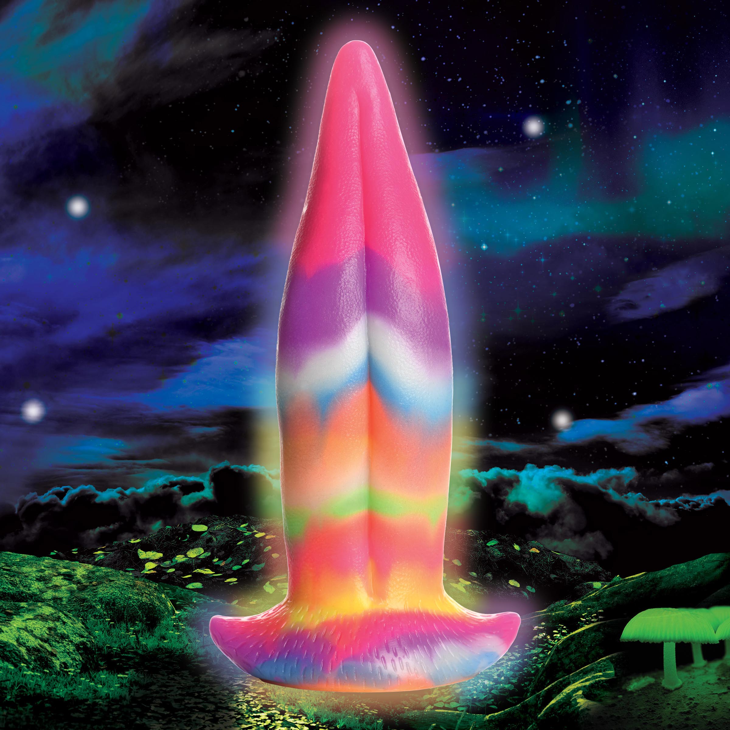 Multicolored Unicorn Kiss silicone dildo with glow-in-the-dark capabilities