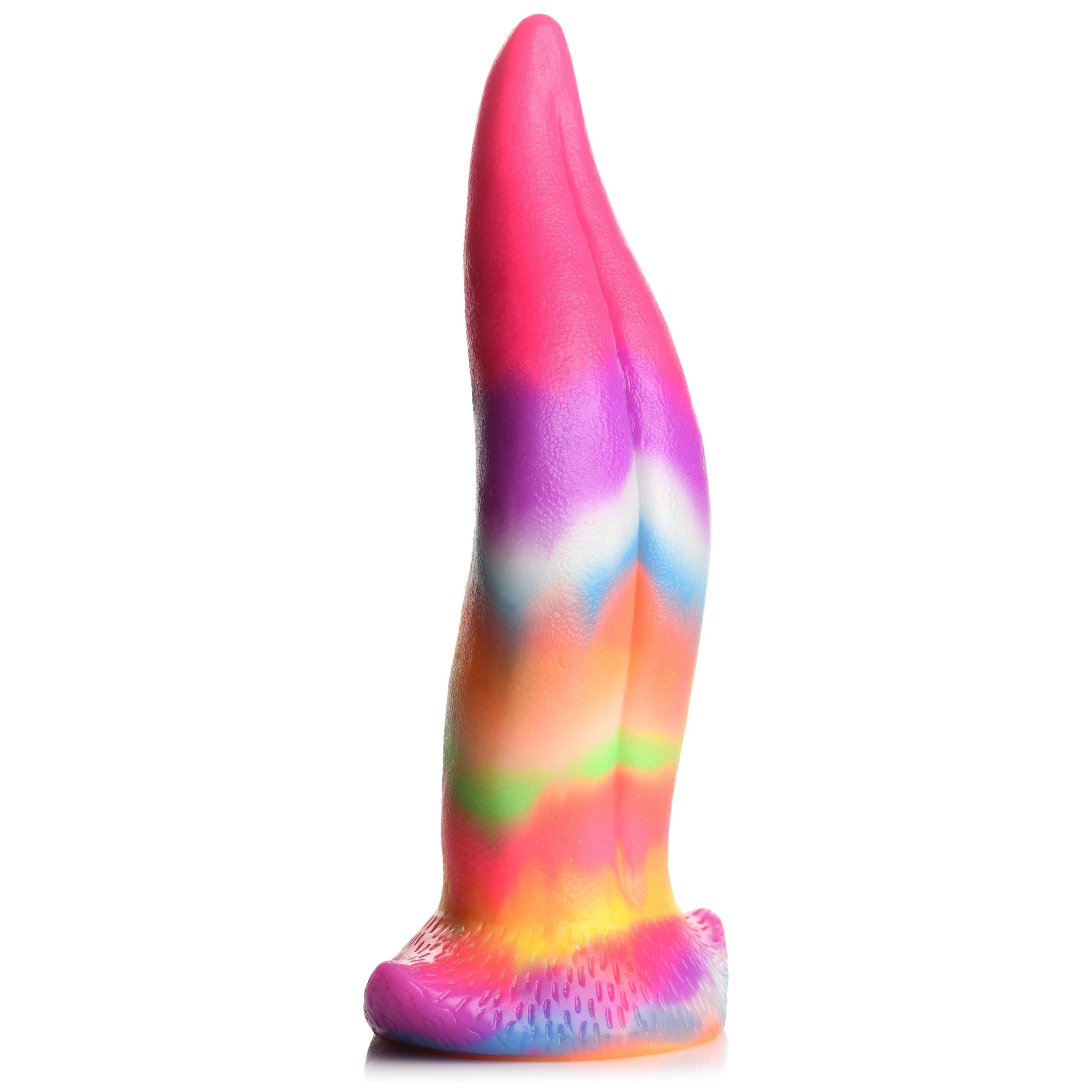 Rainbow-hued silicone dildo with a unicorn motif