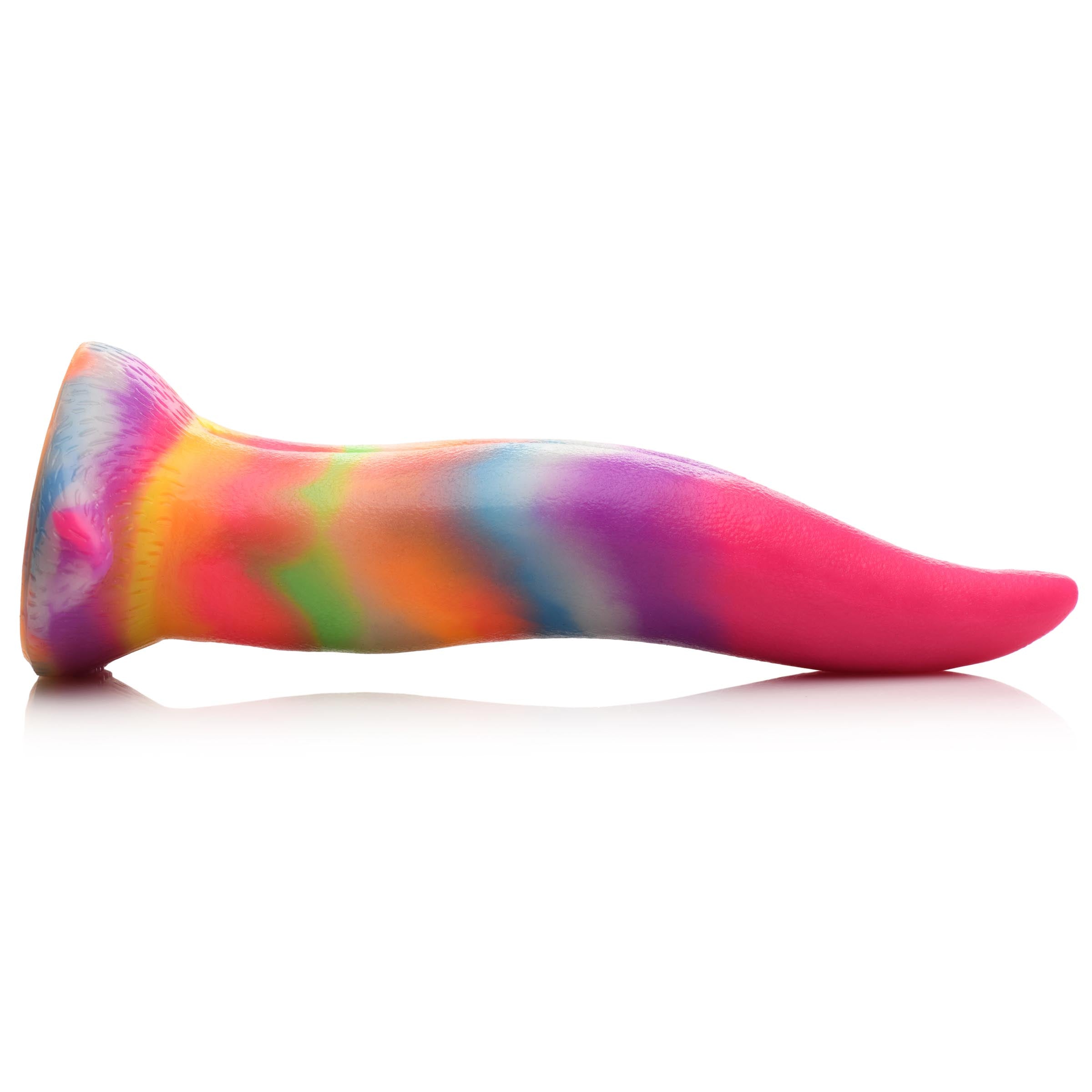 Silicone dildo featuring a rainbow gradient and unicorn-inspired shape