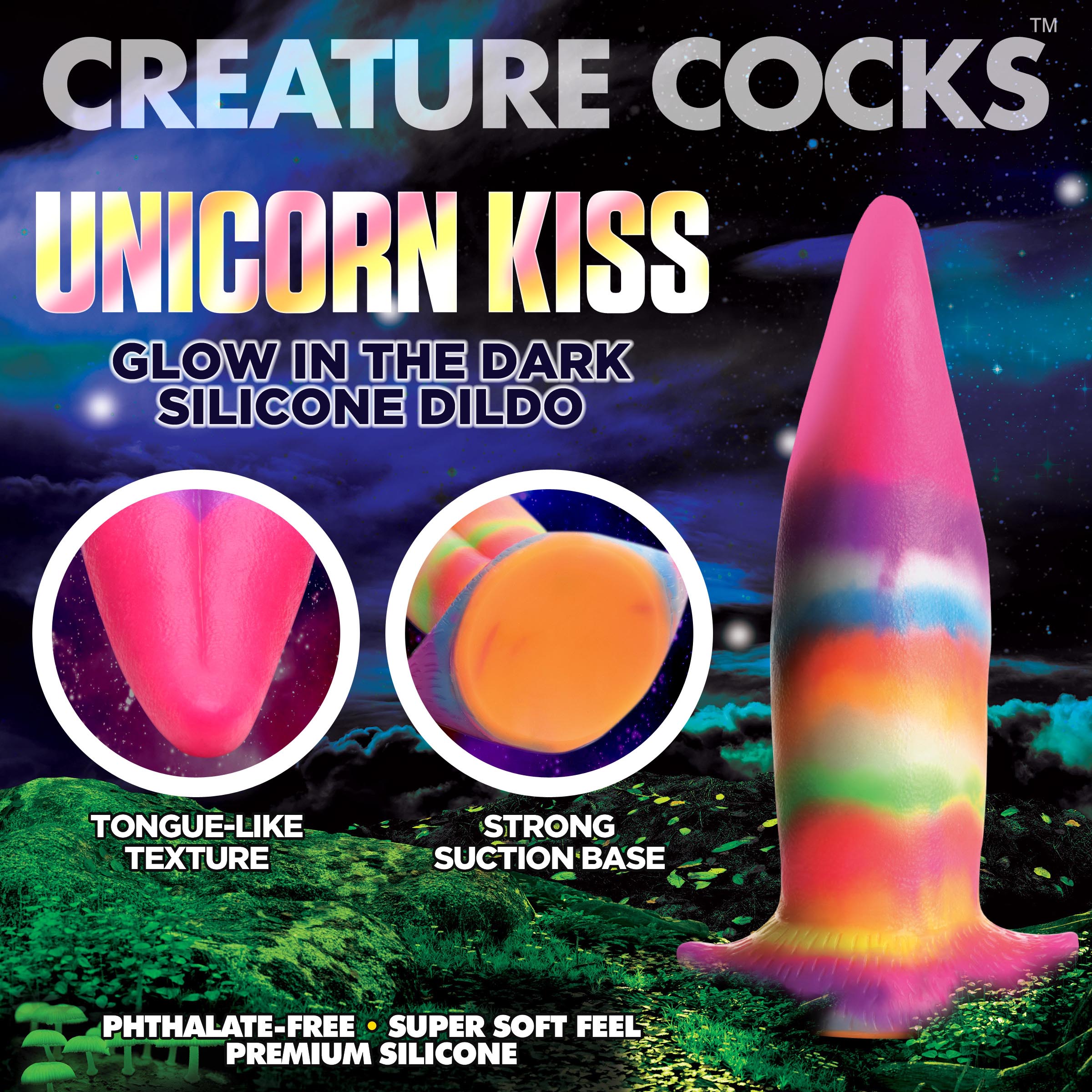 Close-up of the Unicorn Kiss glow-in-the-dark silicone dildo with unicorn details