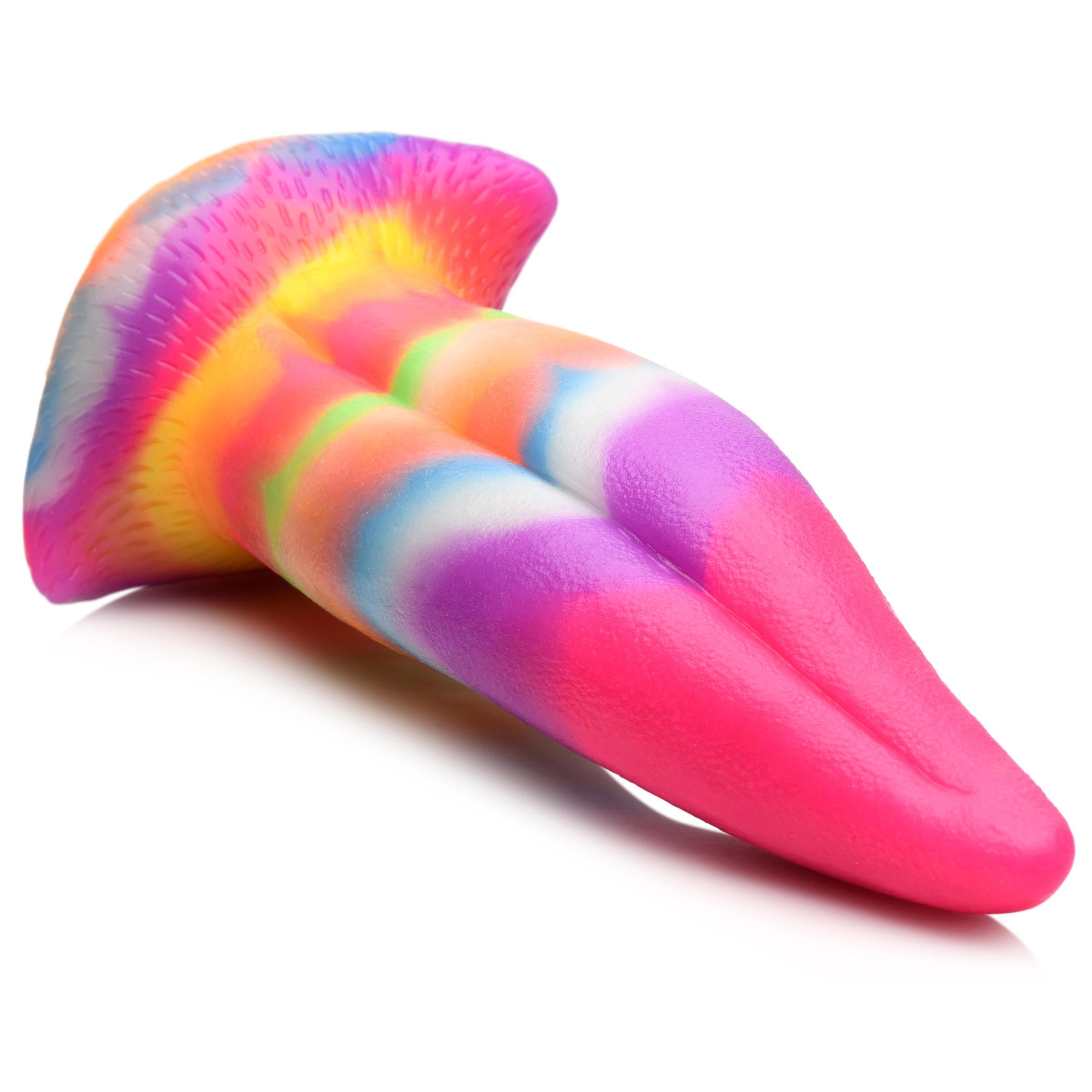 Rainbow-colored silicone dildo with a unicorn theme and glow-in-the-dark functionality