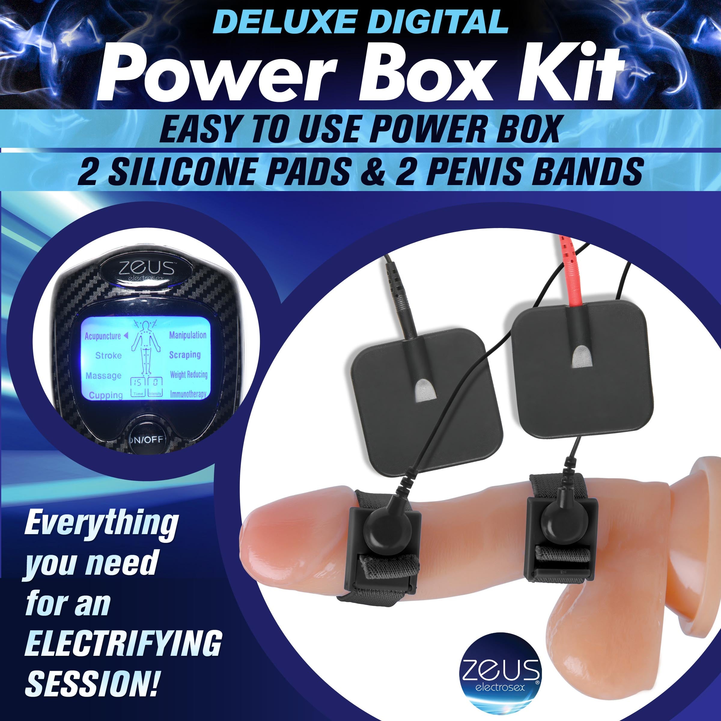 Deluxe Power E-stim Box Kit components including silicone pads and electronic modules