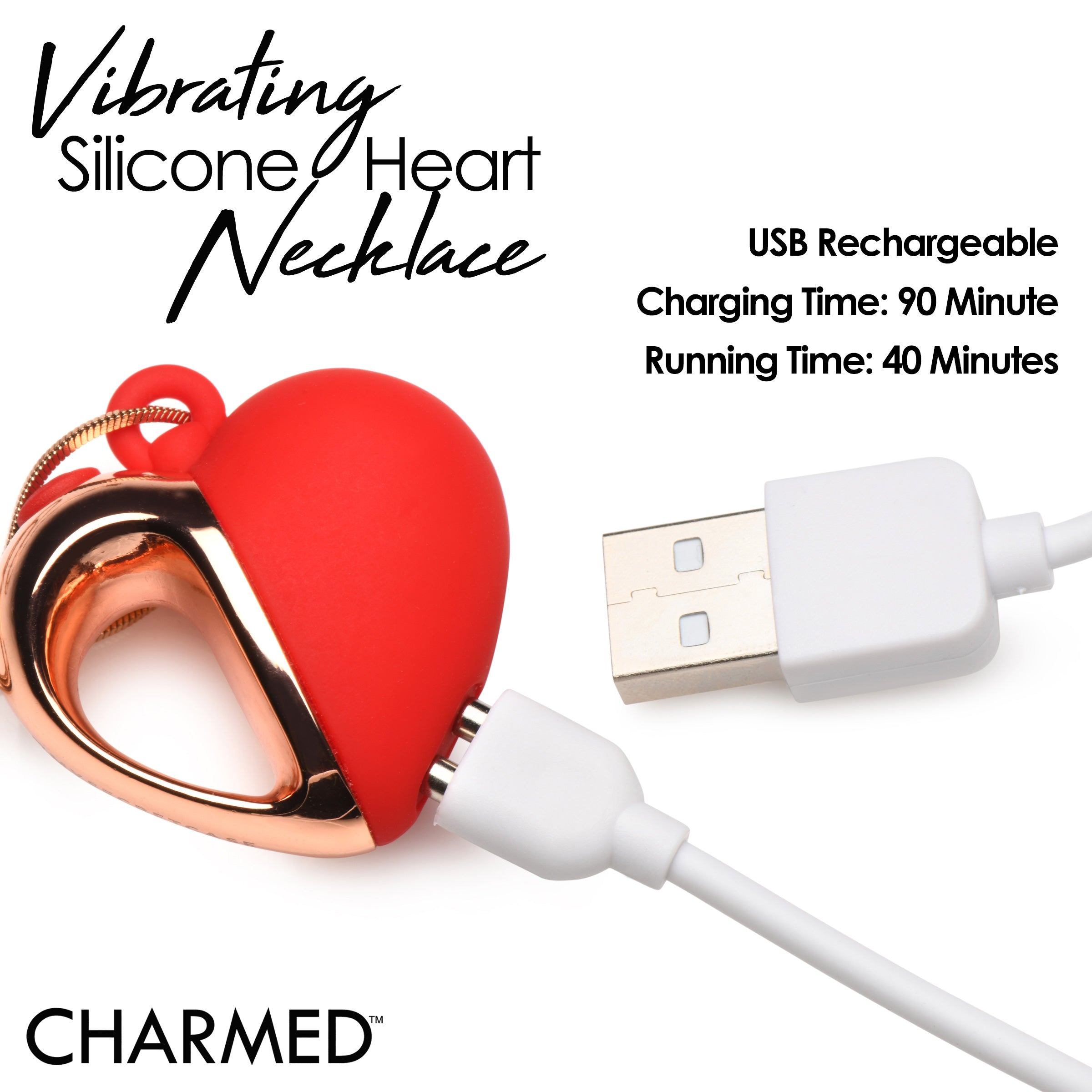 Silicone heart necklace beside its USB charging cable