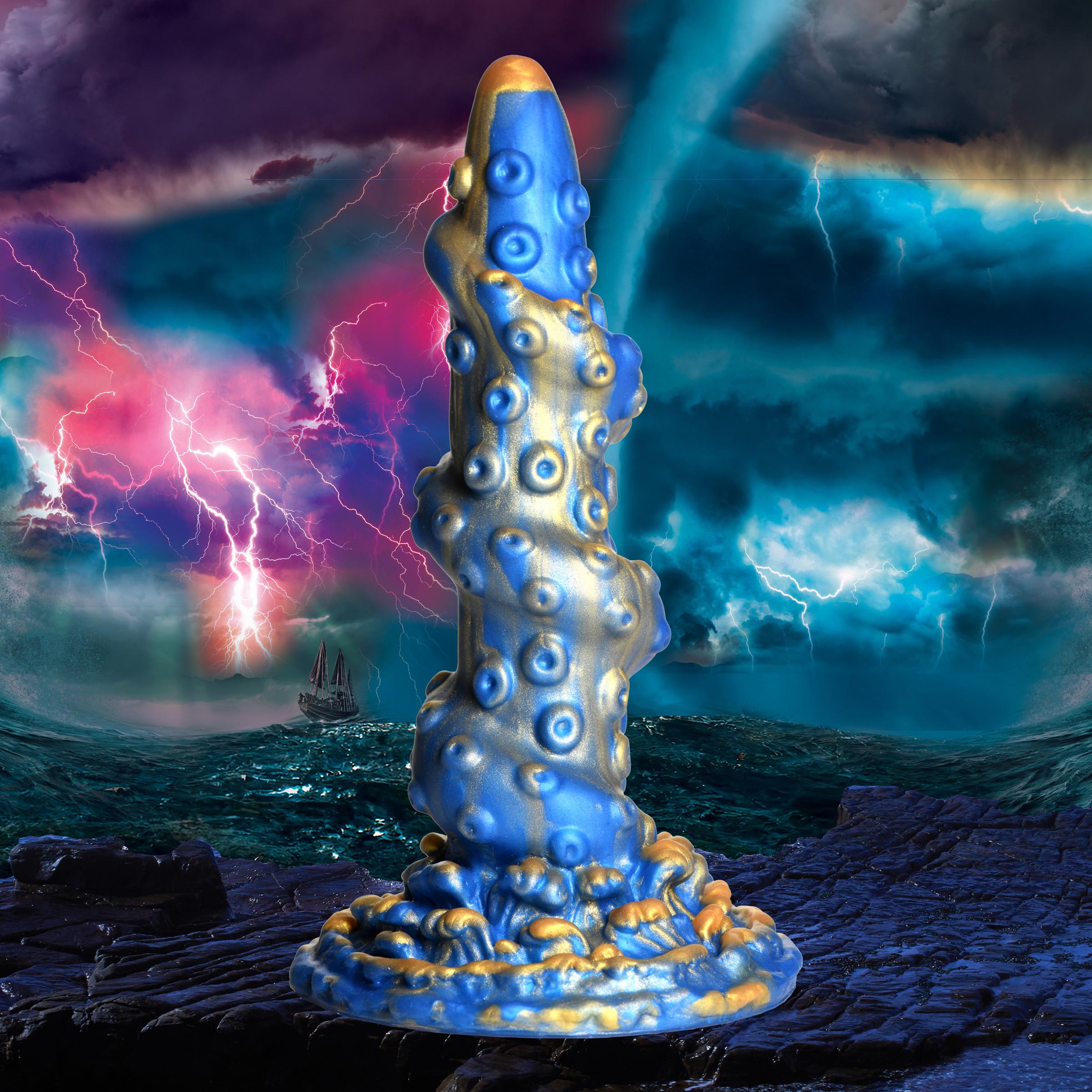 Blue and gold silicone dildo with a lightning bolt design