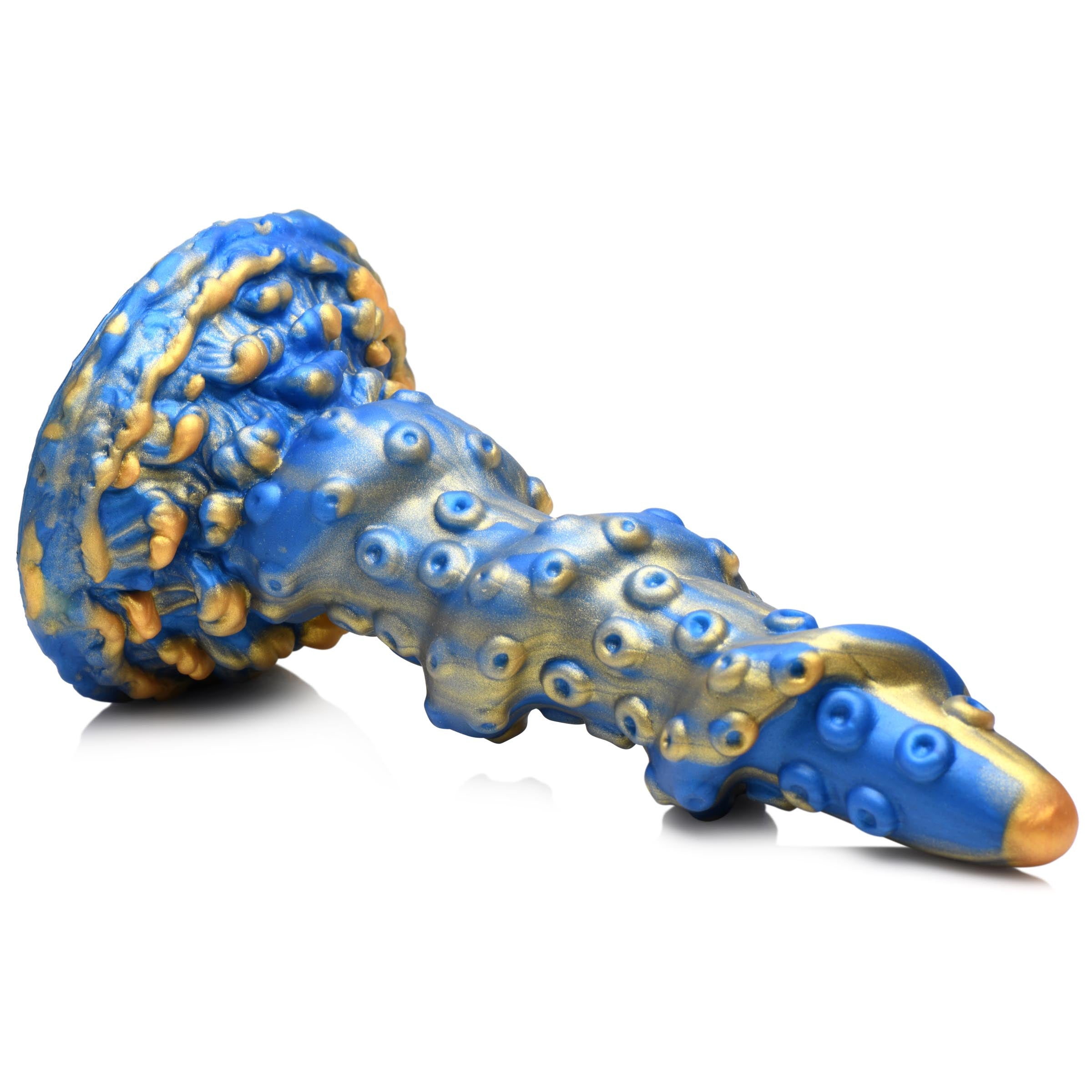 Adult toy resembling a blue and gold octopus with an orifice