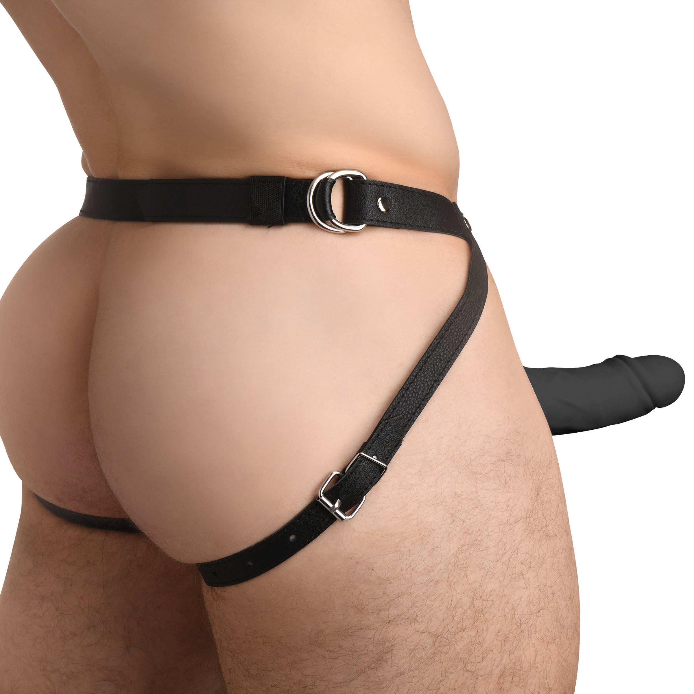 Black harness designed to be used with a 2-inch realistic silicone penis sheath