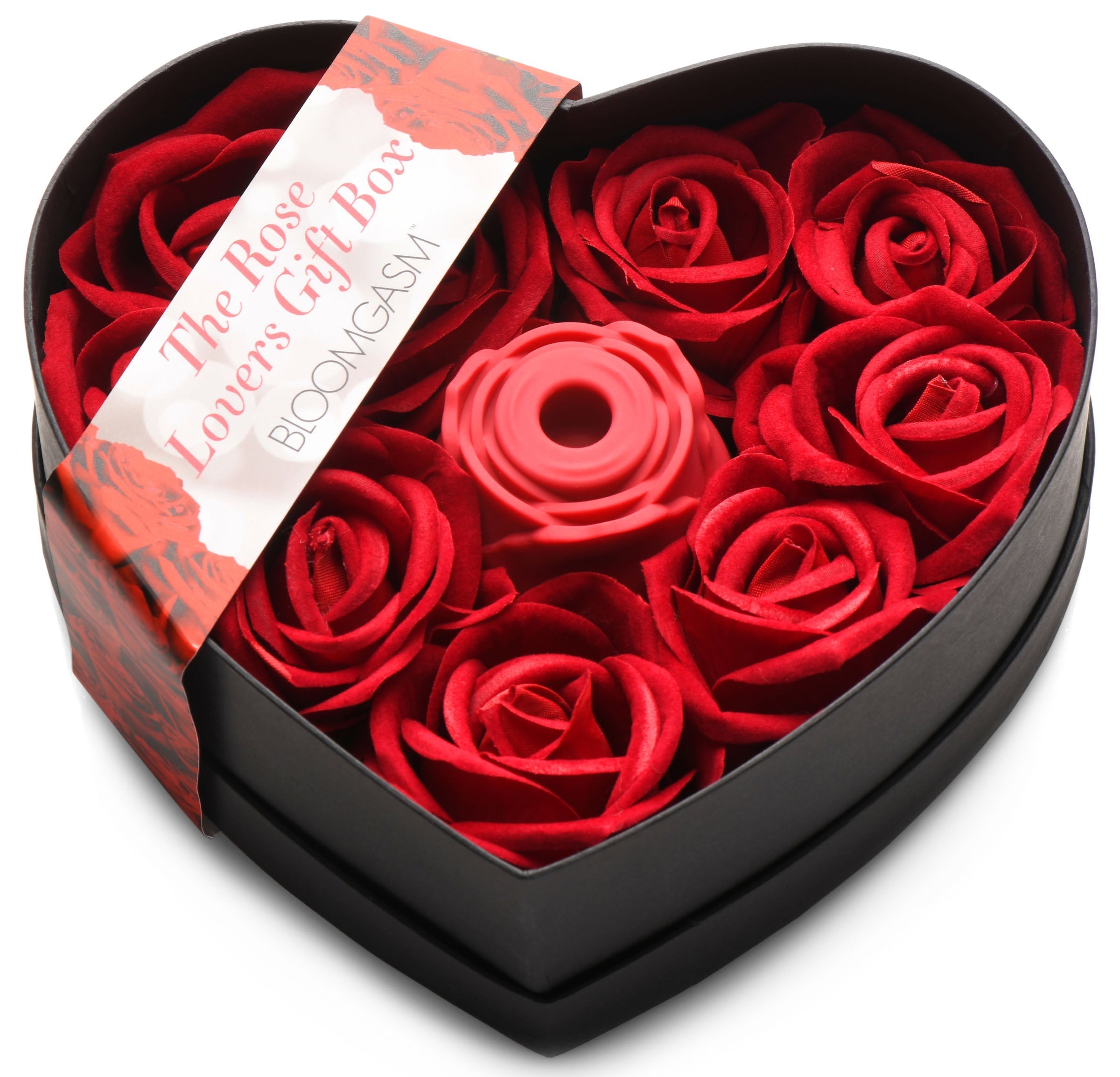 Elegant heart-shaped box containing rose-themed adult toys