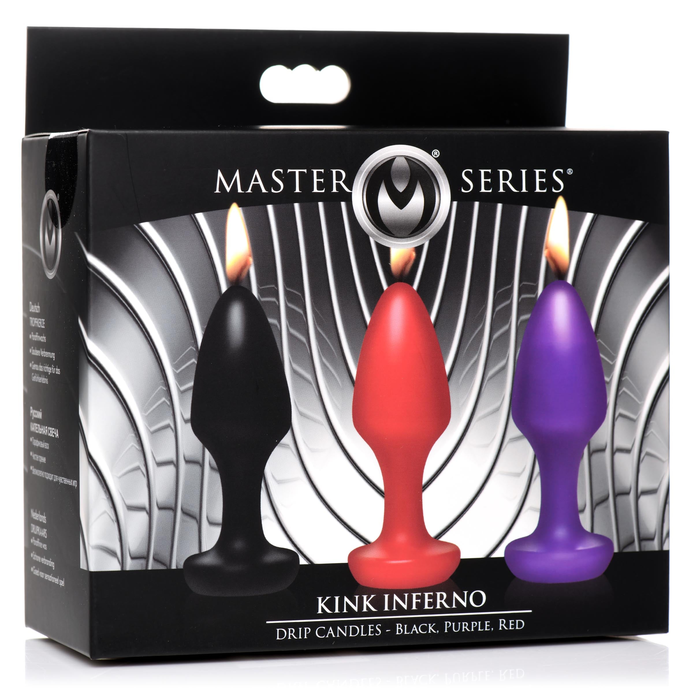 Packaging of the Master Series Kink Inferno Drip Candle set