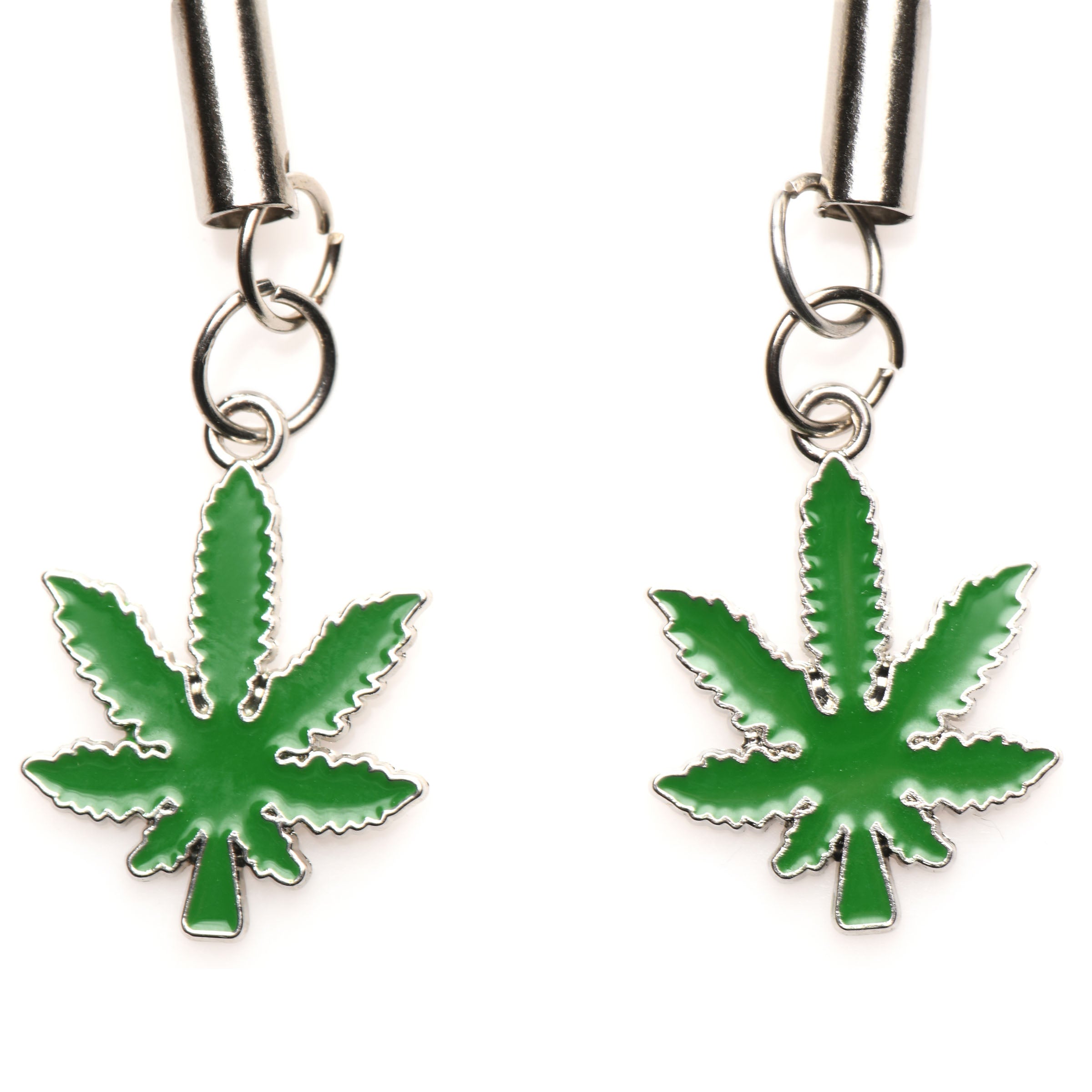 Mary Jane Nipple Clamps designed with green cannabis leaf details