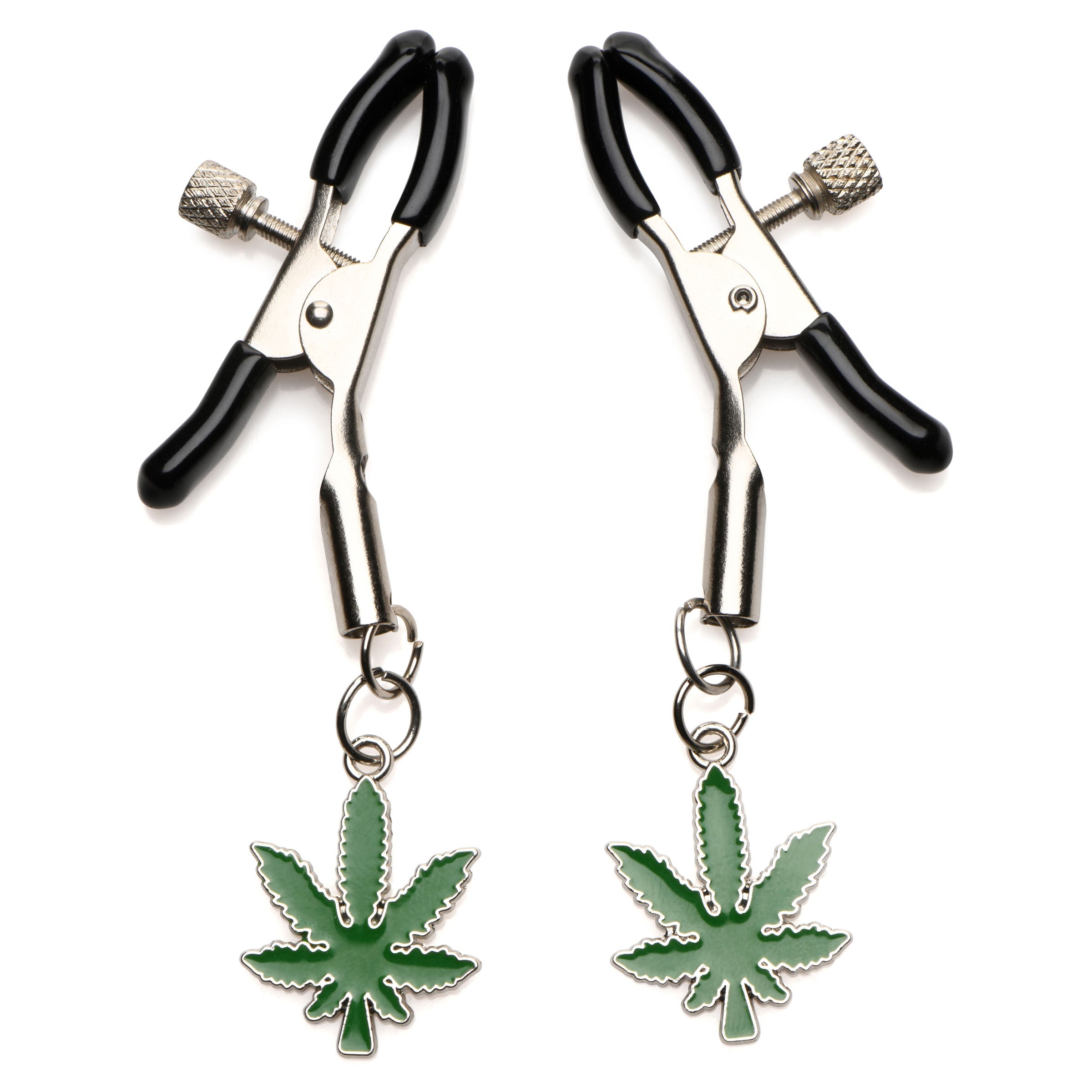 Nipple clamps featuring green marijuana leaf charms attached