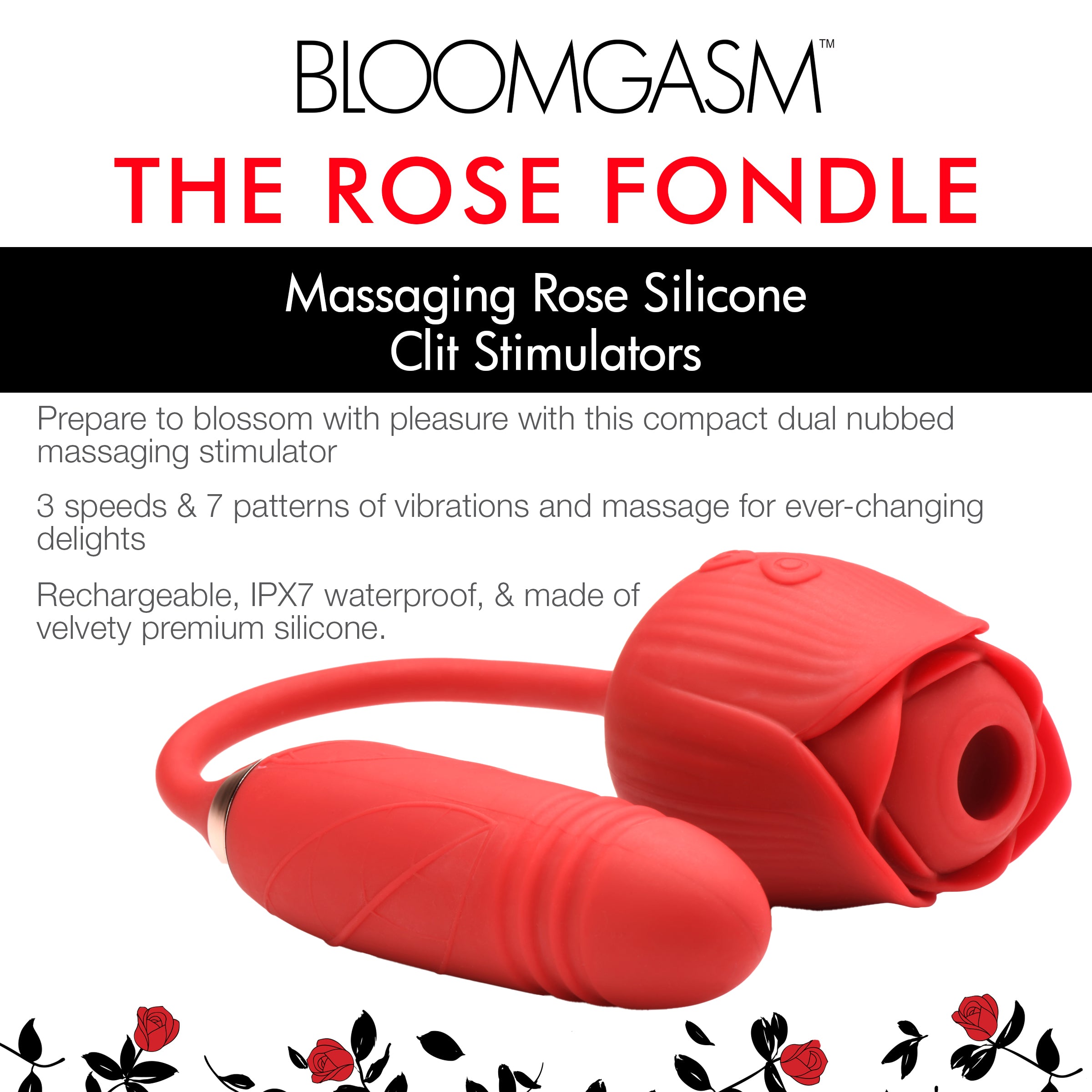 Close-up of the Romping Rose silicone vibrator with rose detail