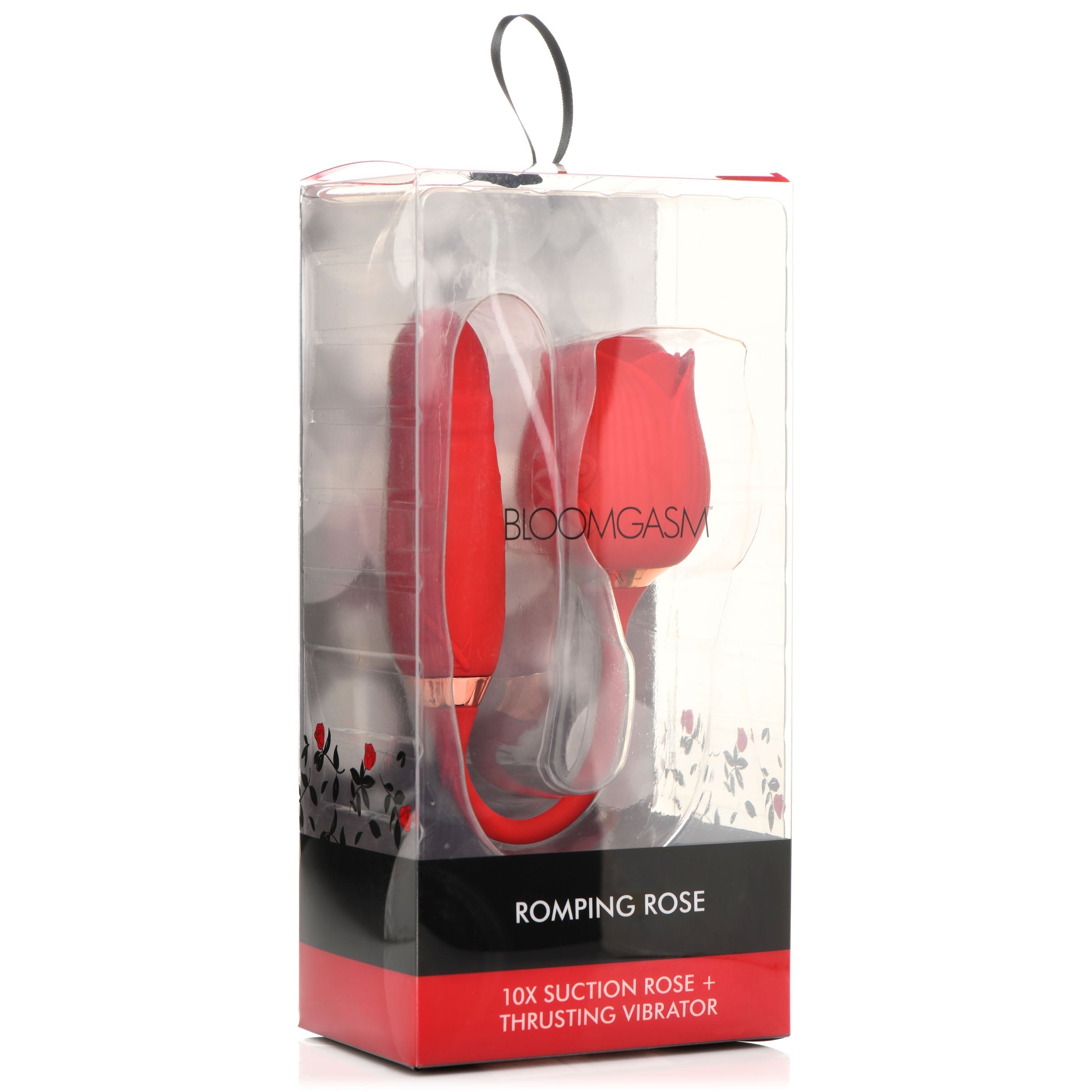 Red rose-shaped vibrator displayed in its original packaging