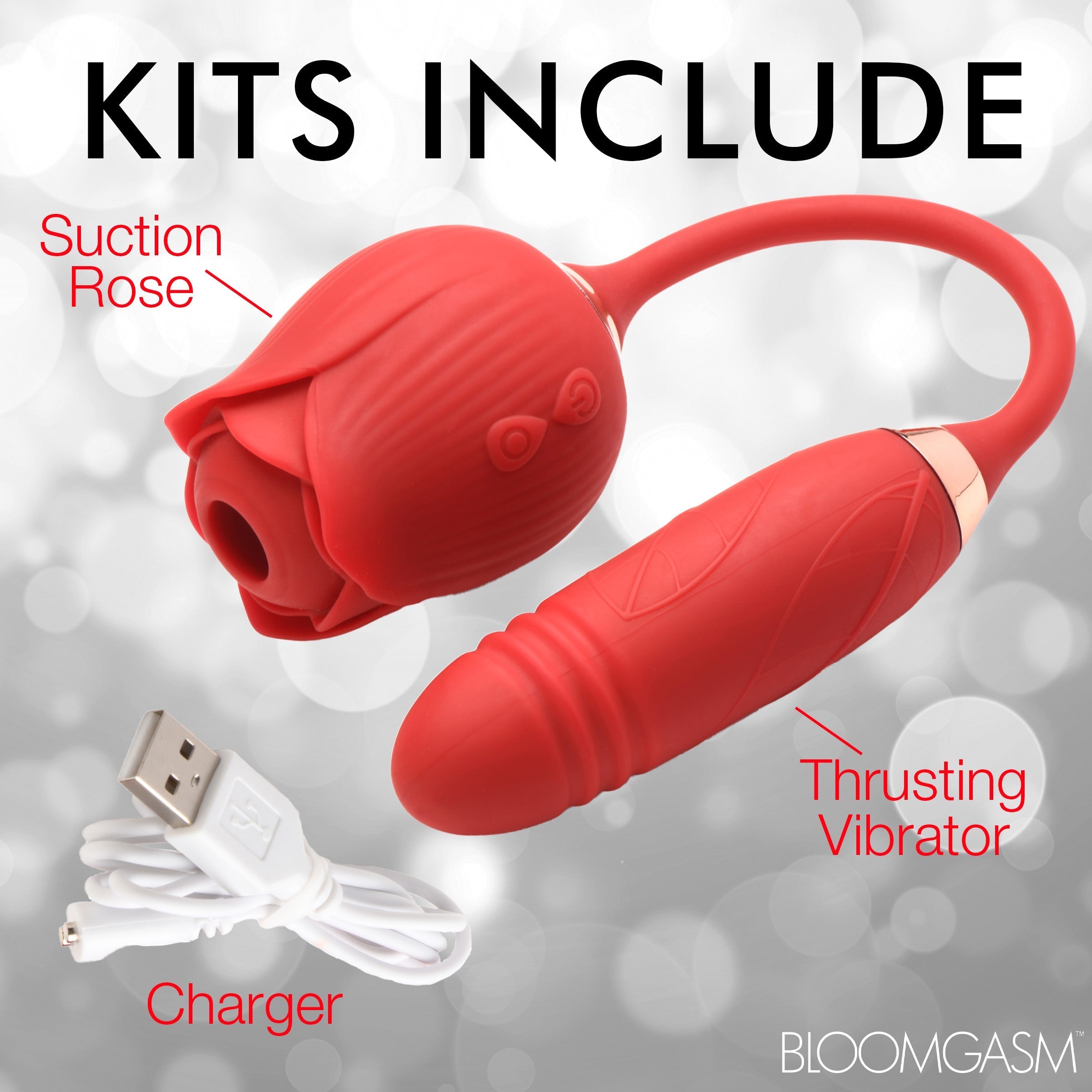 Set containing the Romping Rose vibrator and its charging cable