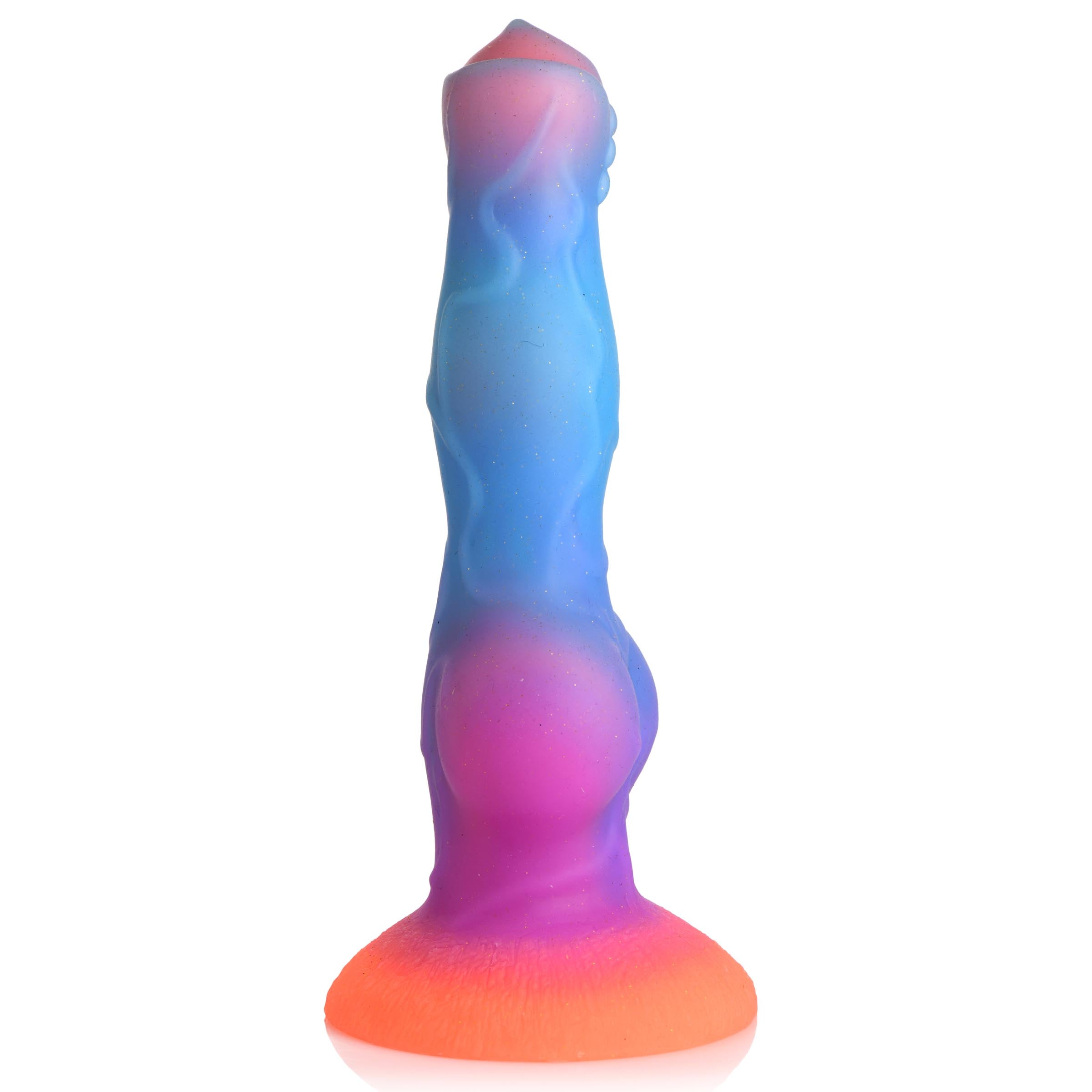 Glow-in-the-dark silicone alien dildo with blue and pink hues