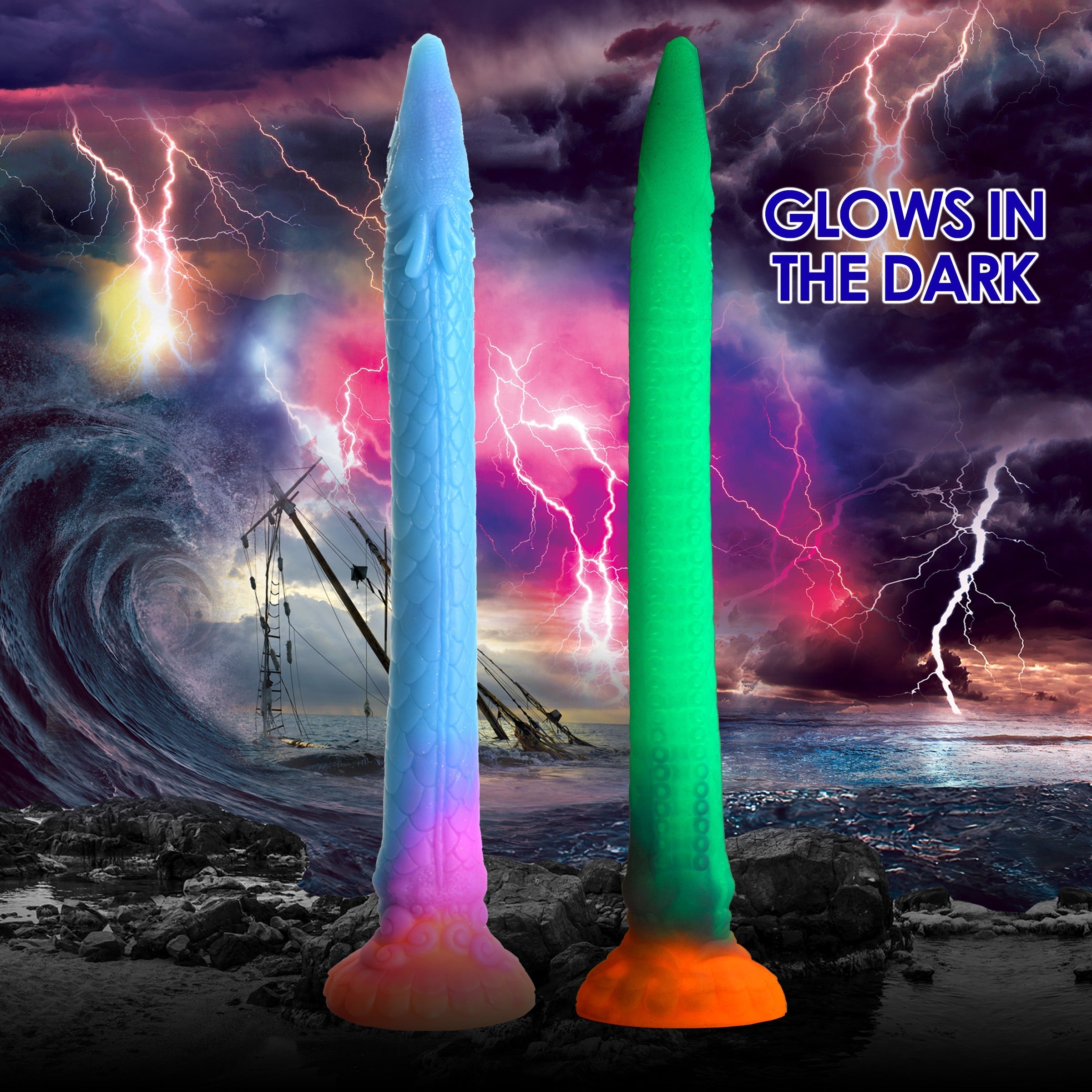 Pair of Makara silicone snake dildos showcasing their glow-in-the-dark capability