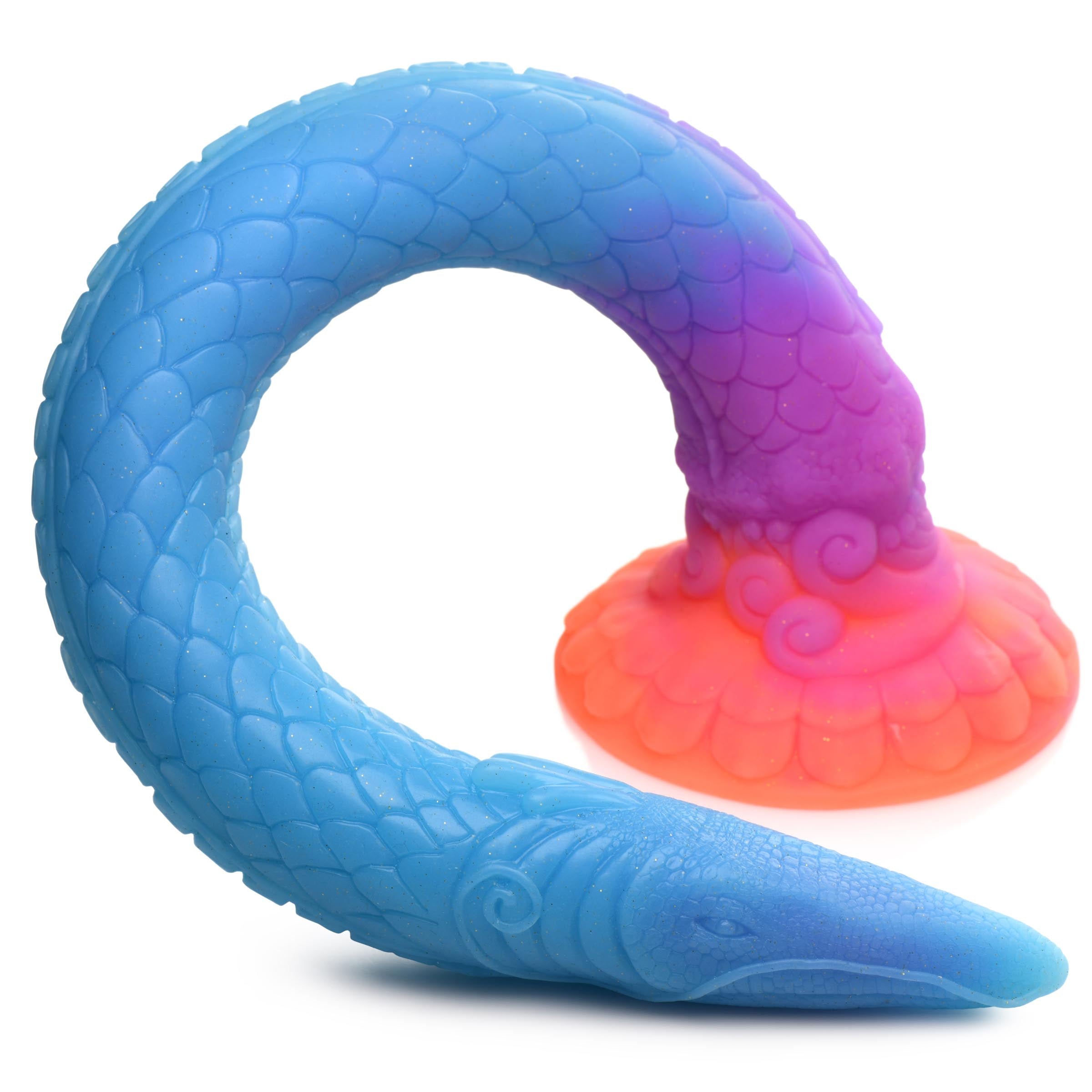 Detail of the glow-in-the-dark silicone snake dildo's head in blue and orange