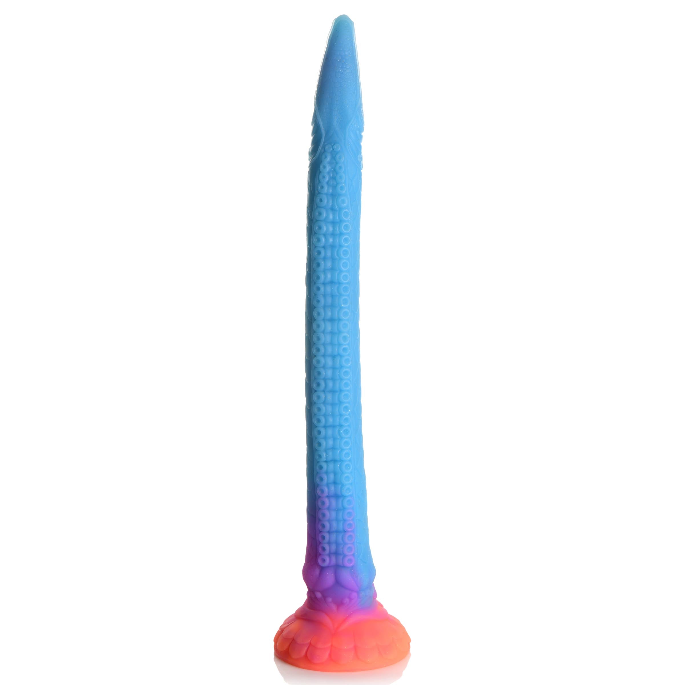 Silicone snake-shaped dildo with glow-in-the-dark feature in blue and pink hues