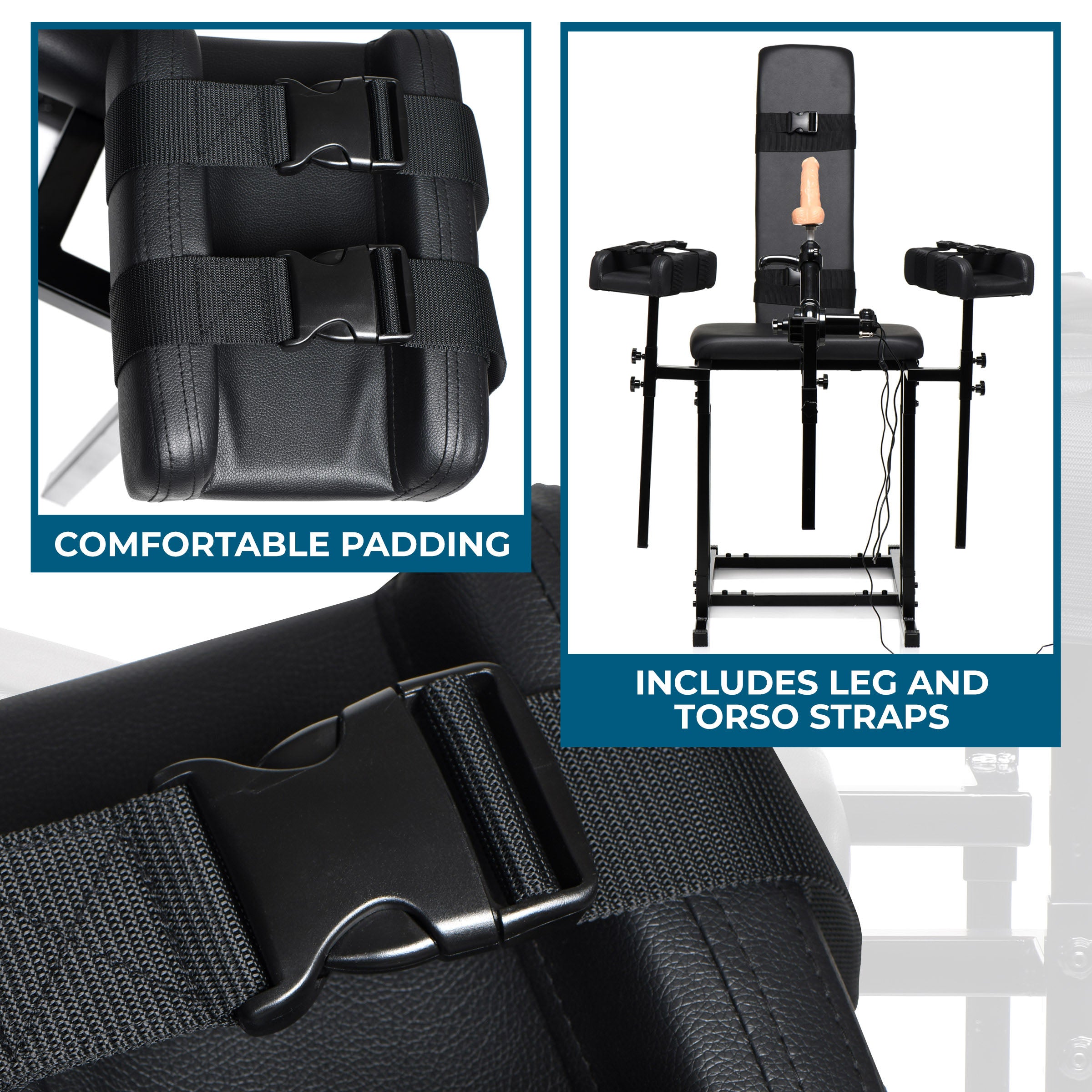 Detail of the adjustable leg rest feature on the Ultimate Obedience Chair with Sex Machine