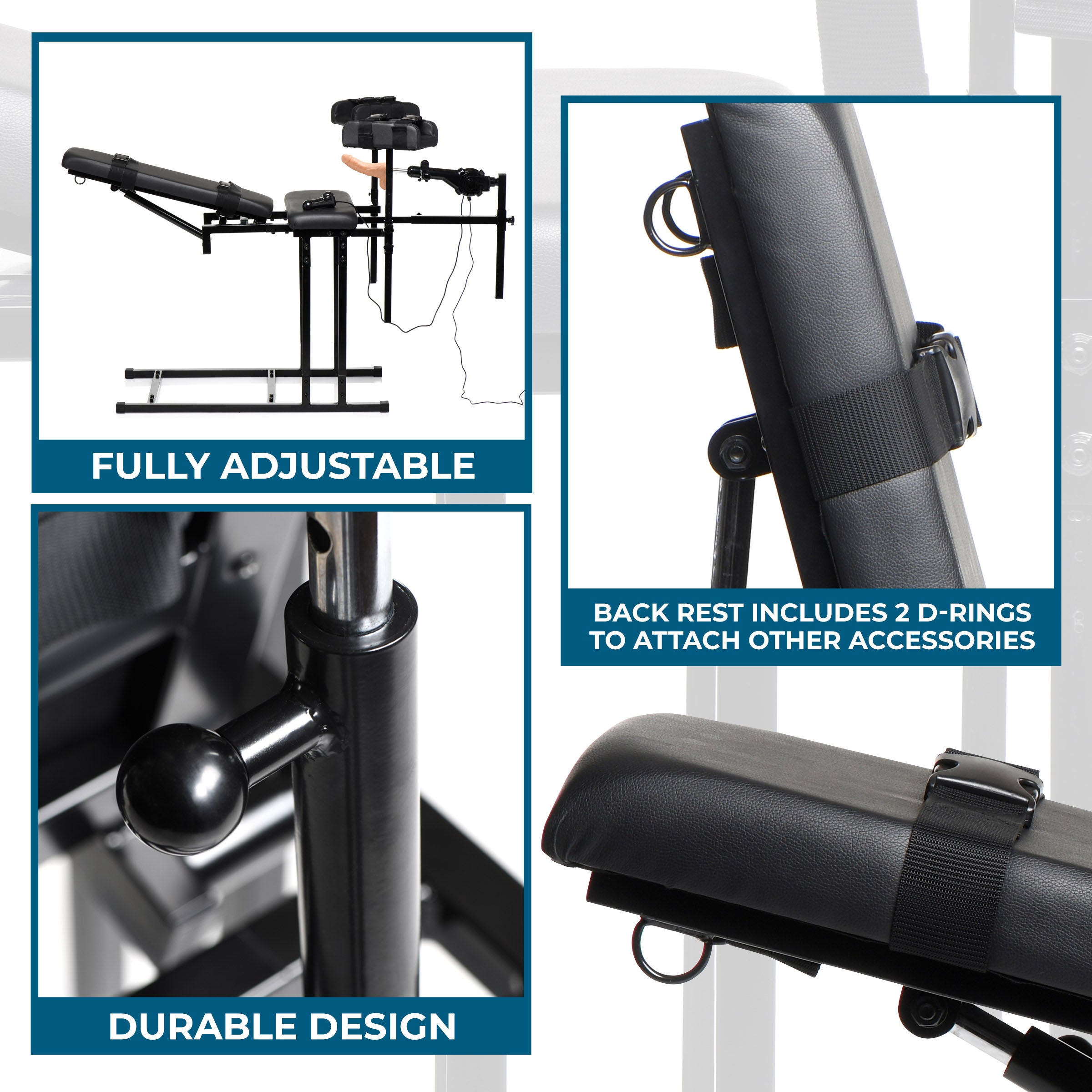 Various components of the Ultimate Obedience Chair with Sex Machine showcased