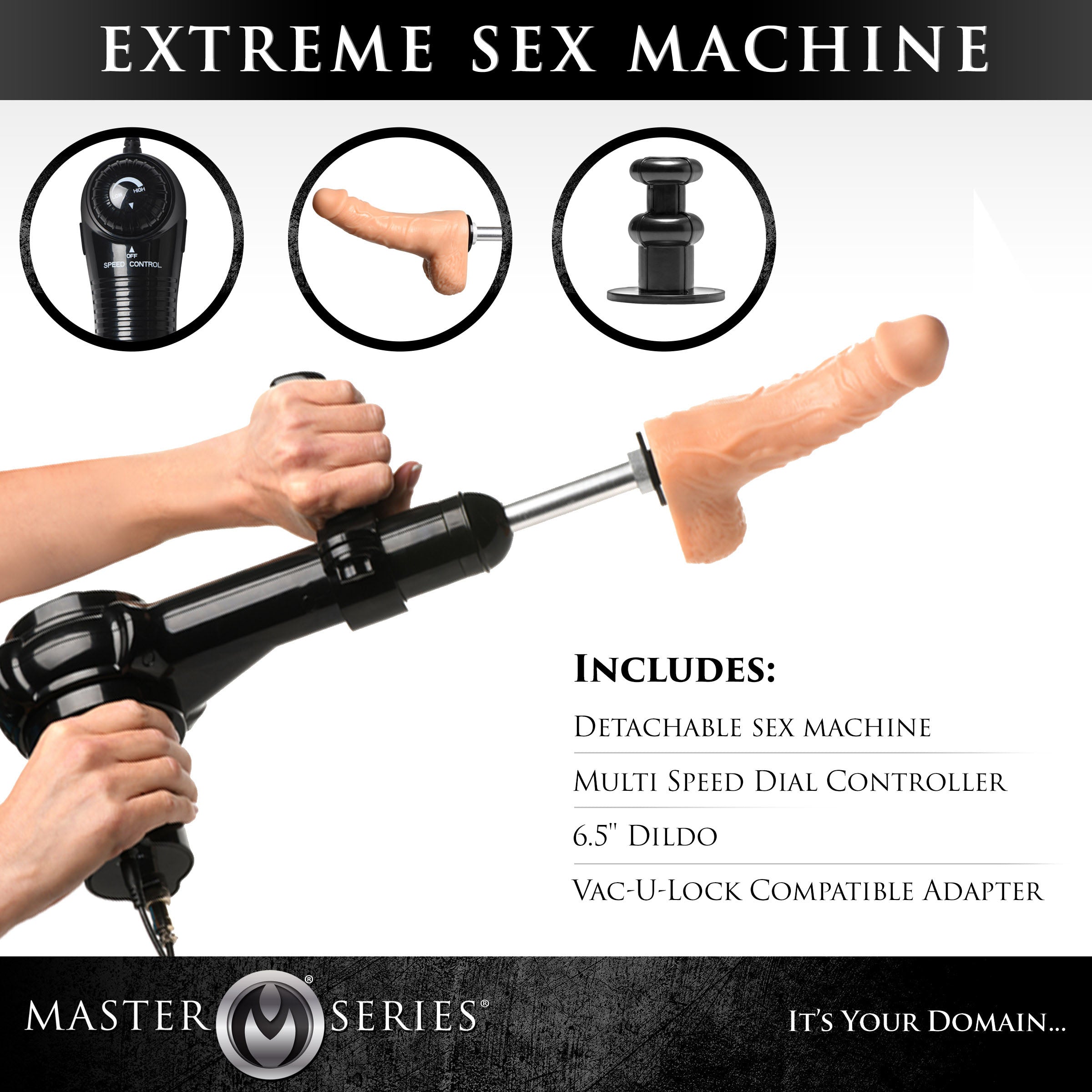 Close-up of the sex machine's attachment being held by a hand