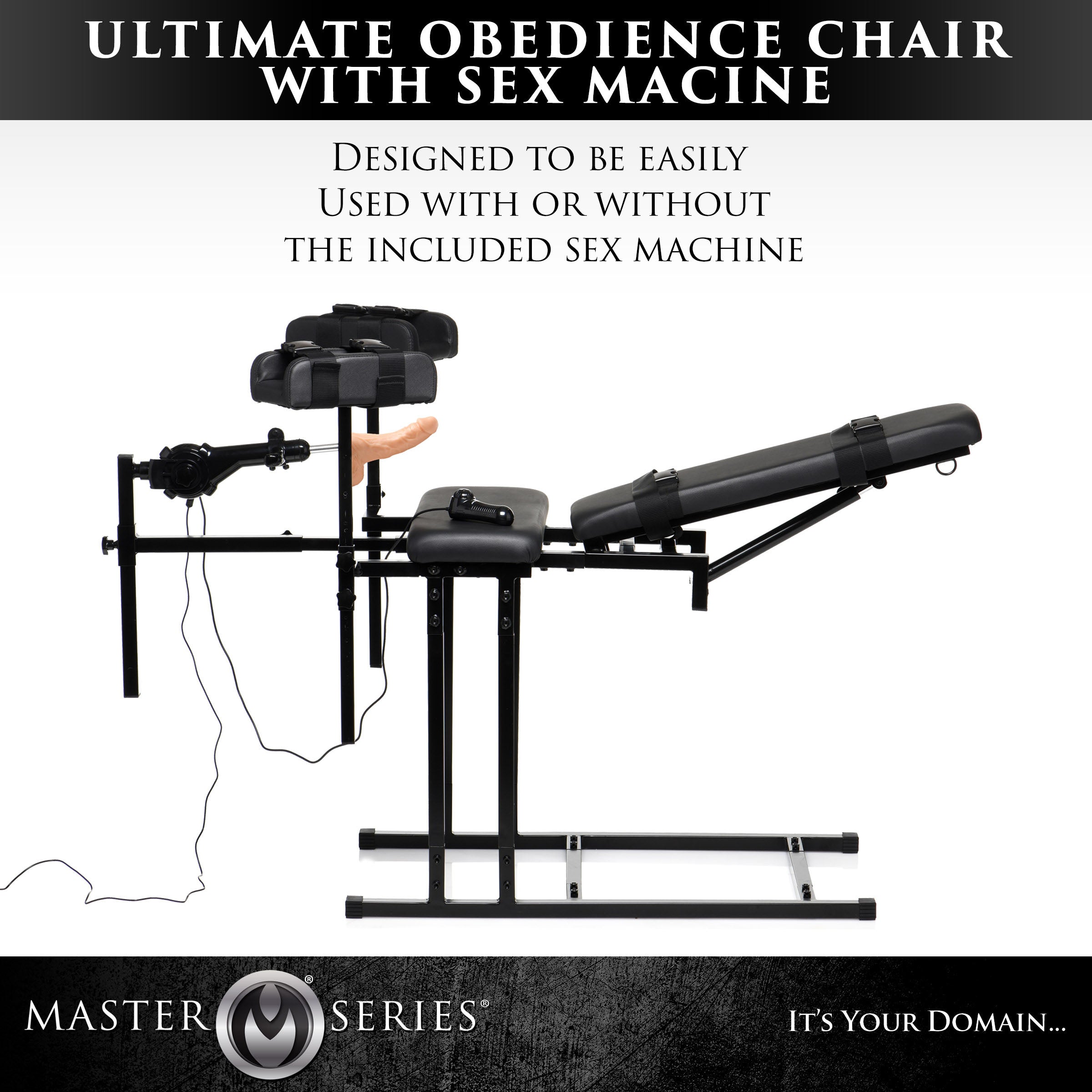 Product display of the Ultimate Obedience Chair with built-in sex machine