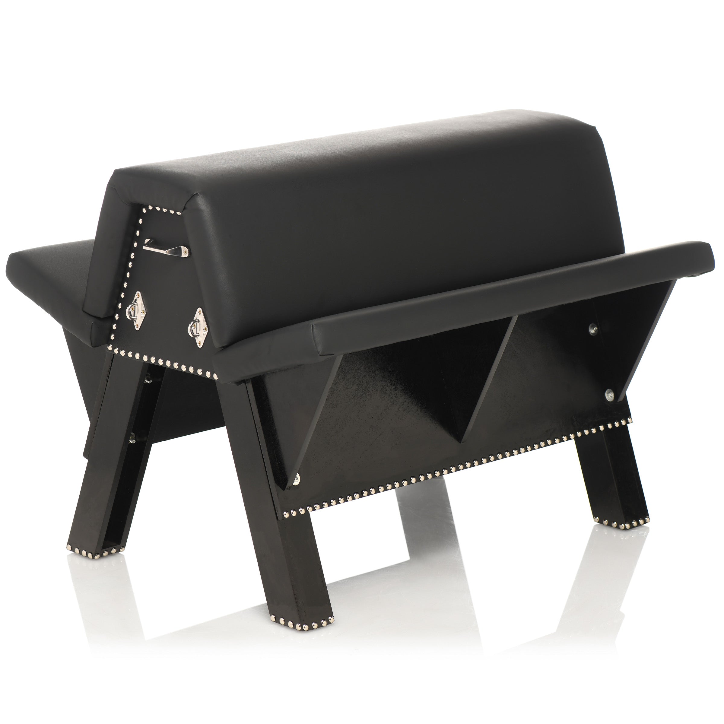 Detailed view of the Bareback Submission Horse's studded black leather bench