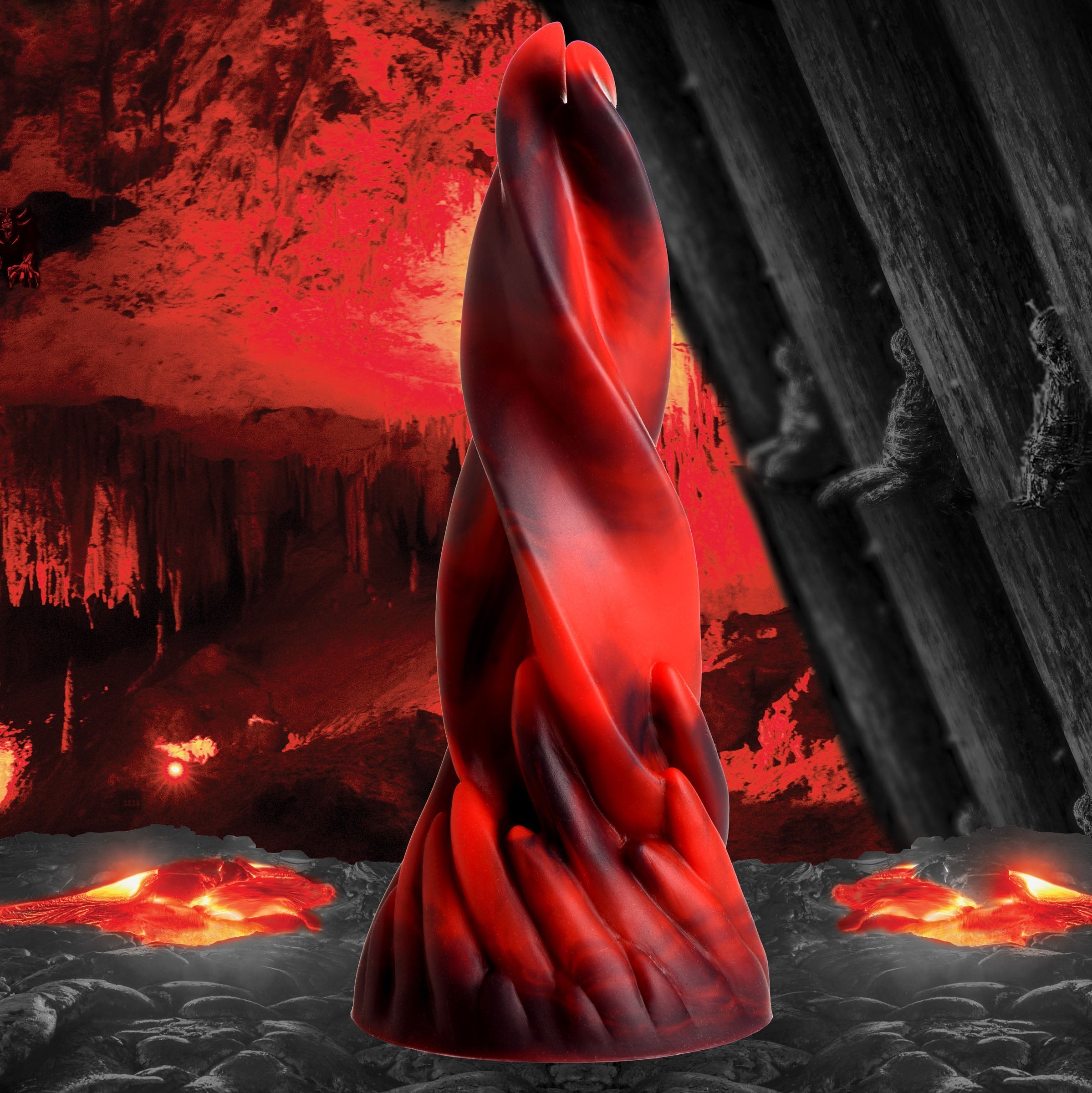 Artistic representation of the Hell Kiss Twisted Tongues Silicone Dildo with a dark backdrop