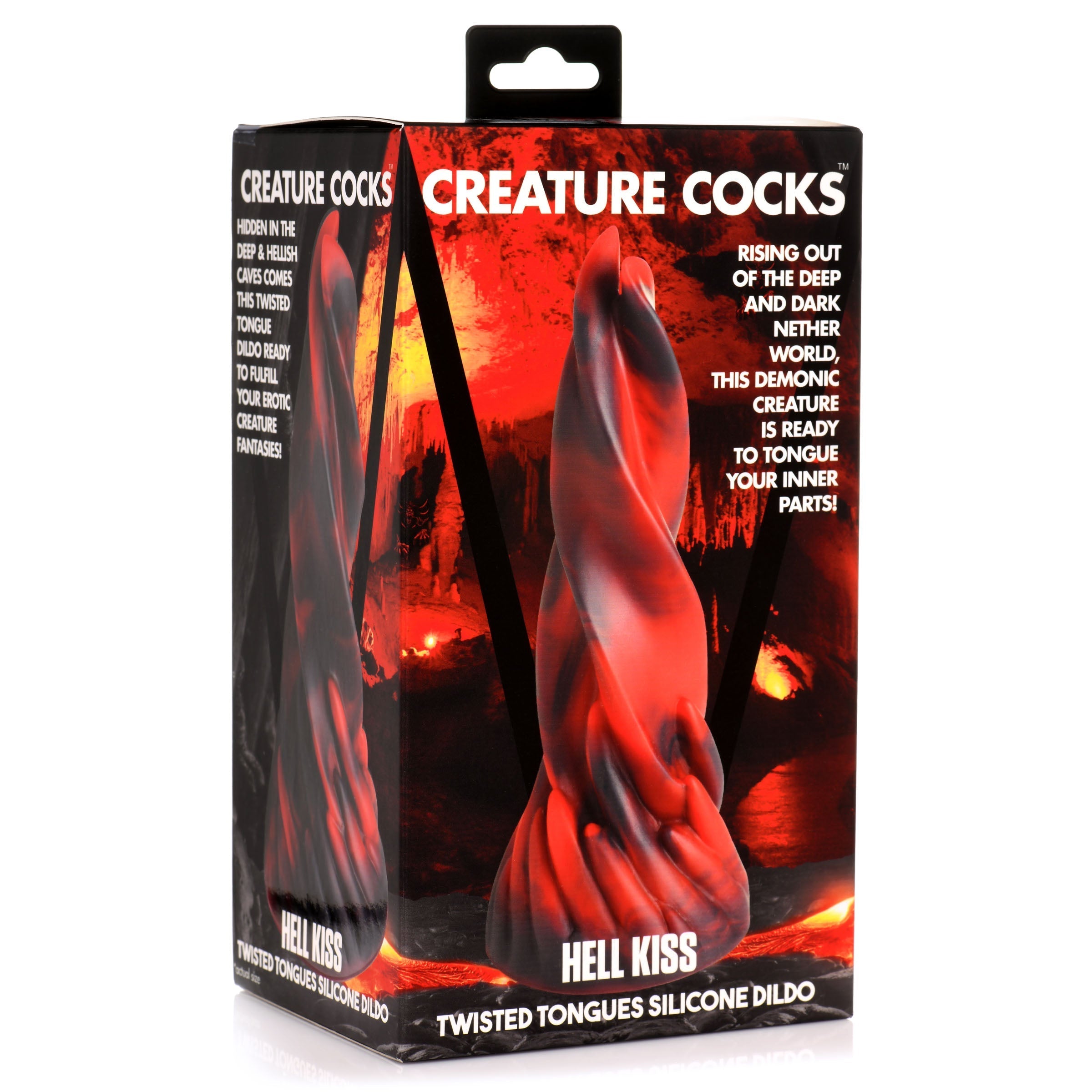 Packaging of the Hell Kiss Twisted Tongues Silicone Dildo with red and black branding