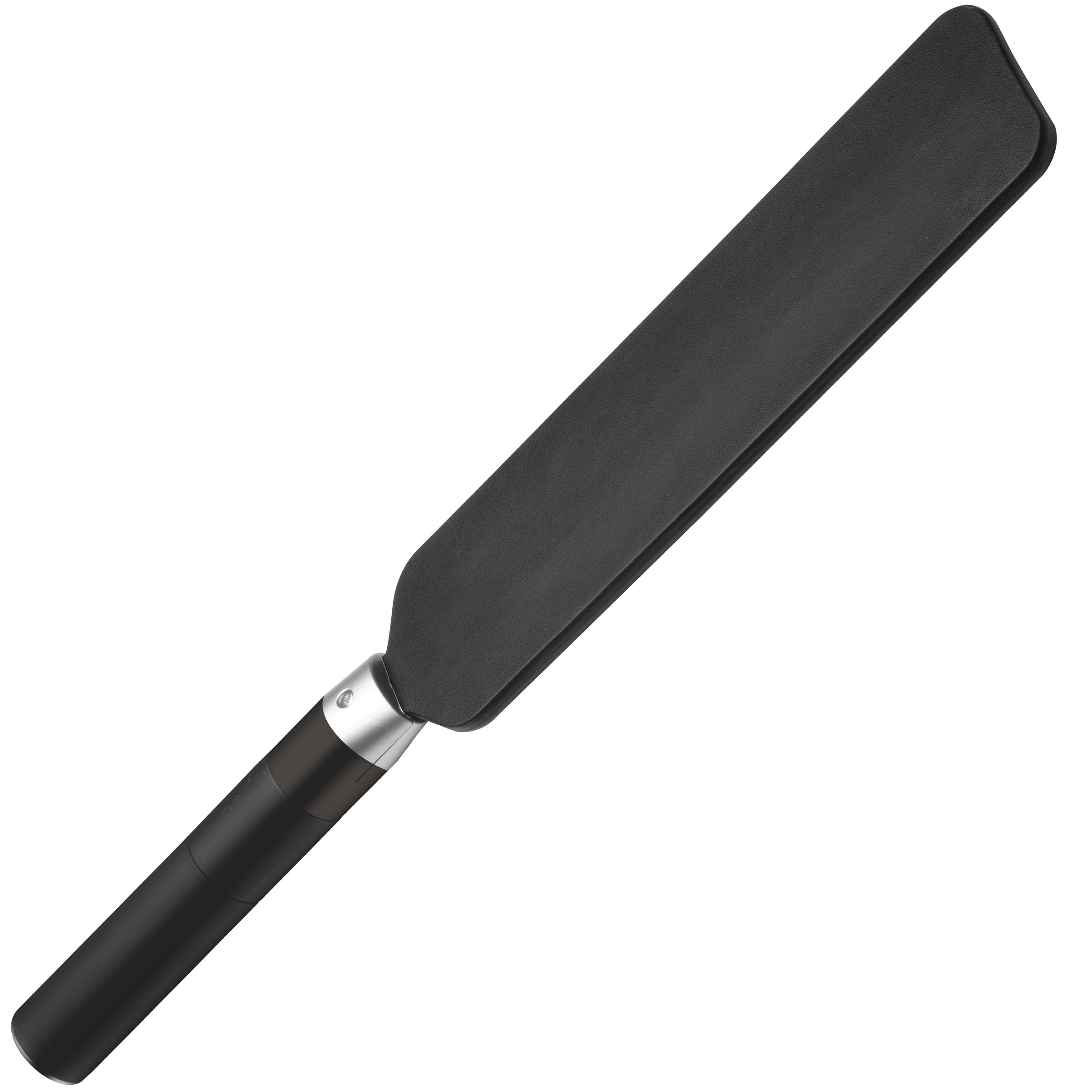 A black and silver E-stim Spiked Paddle on a white background