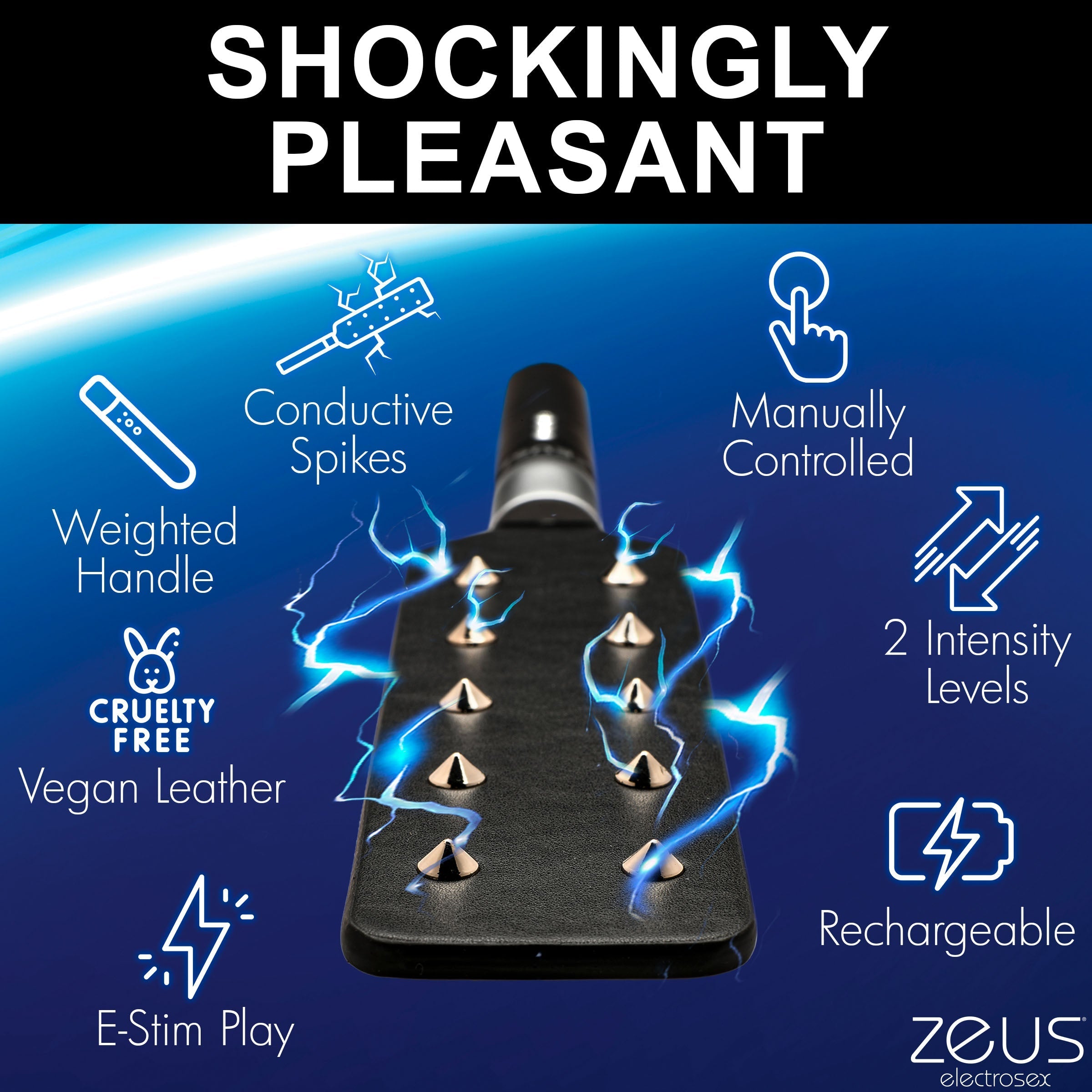 E-stim Spiked Paddle with descriptive text highlighting its dual-sided use