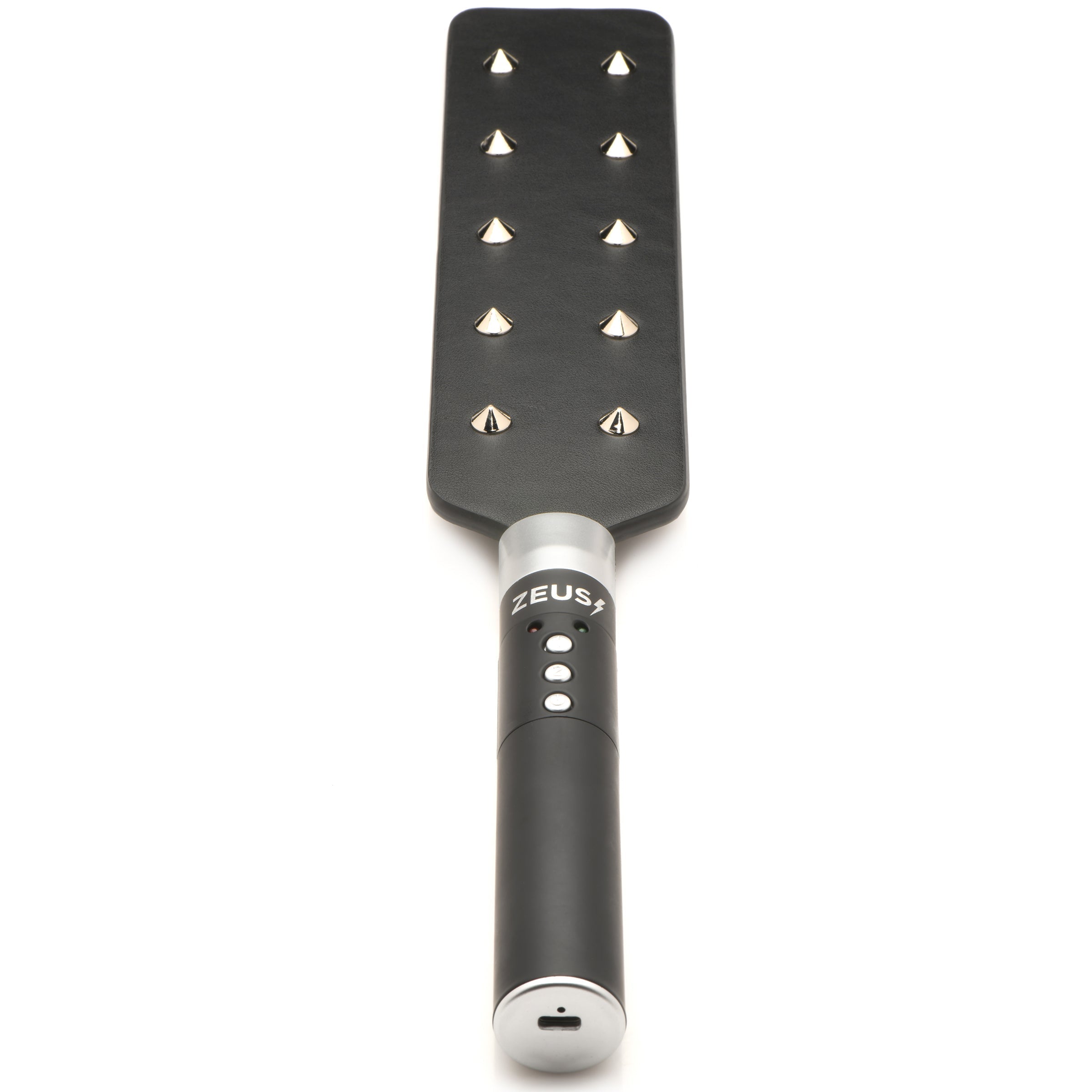 Side view of the E-stim Spiked Paddle with silver spikes and black handle