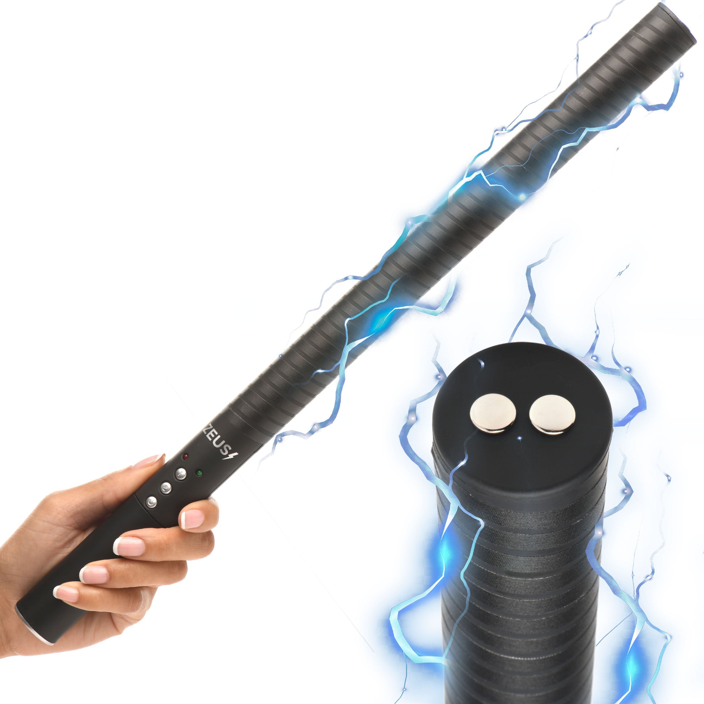 Hand holding the E-stim Baton with an illuminated tip indicating activation