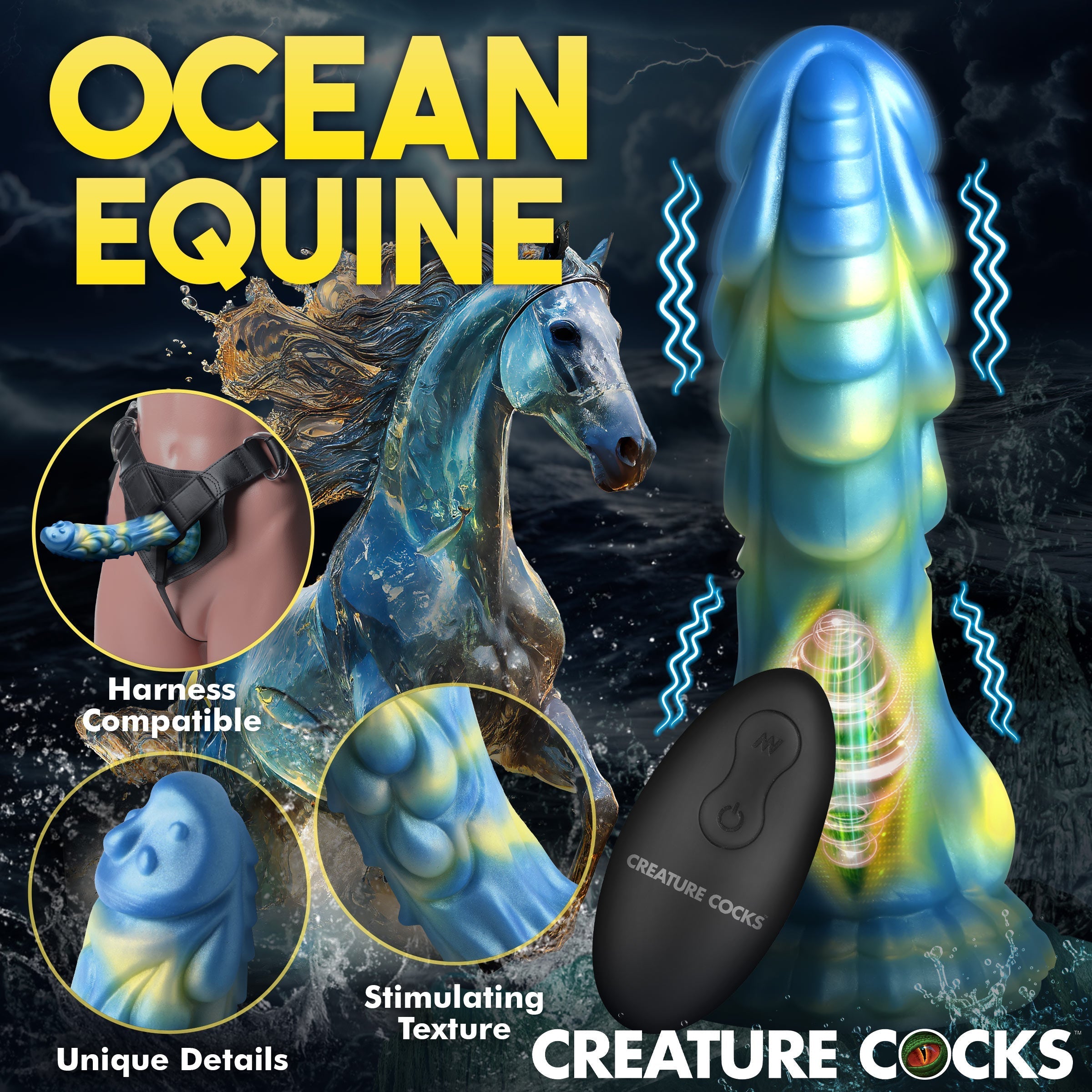 Sea Stallion, a blue silicone dildo with an equine-inspired design