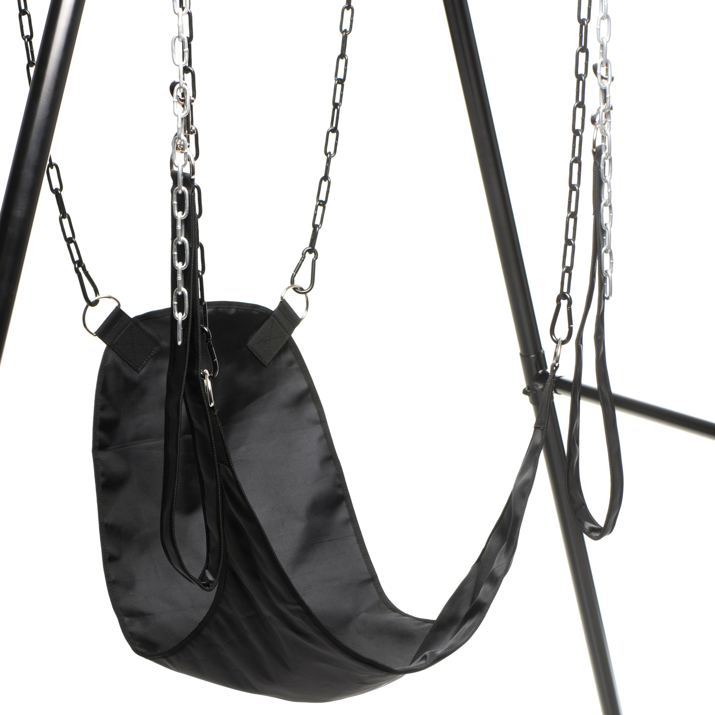 Nylon sex sling with black straps and metal chains