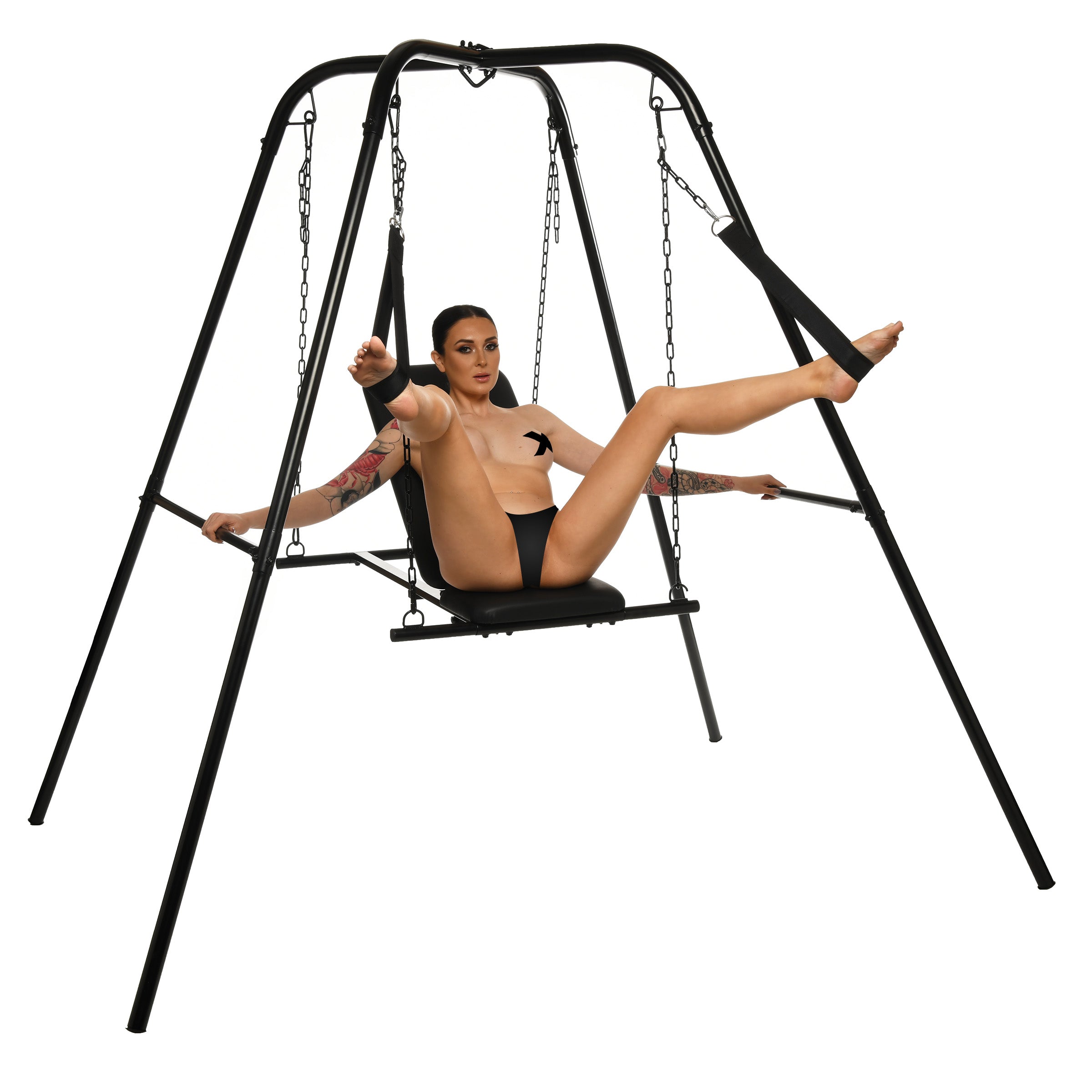 A model posing on the Throne Adjustable Sex Swing in a black bikini