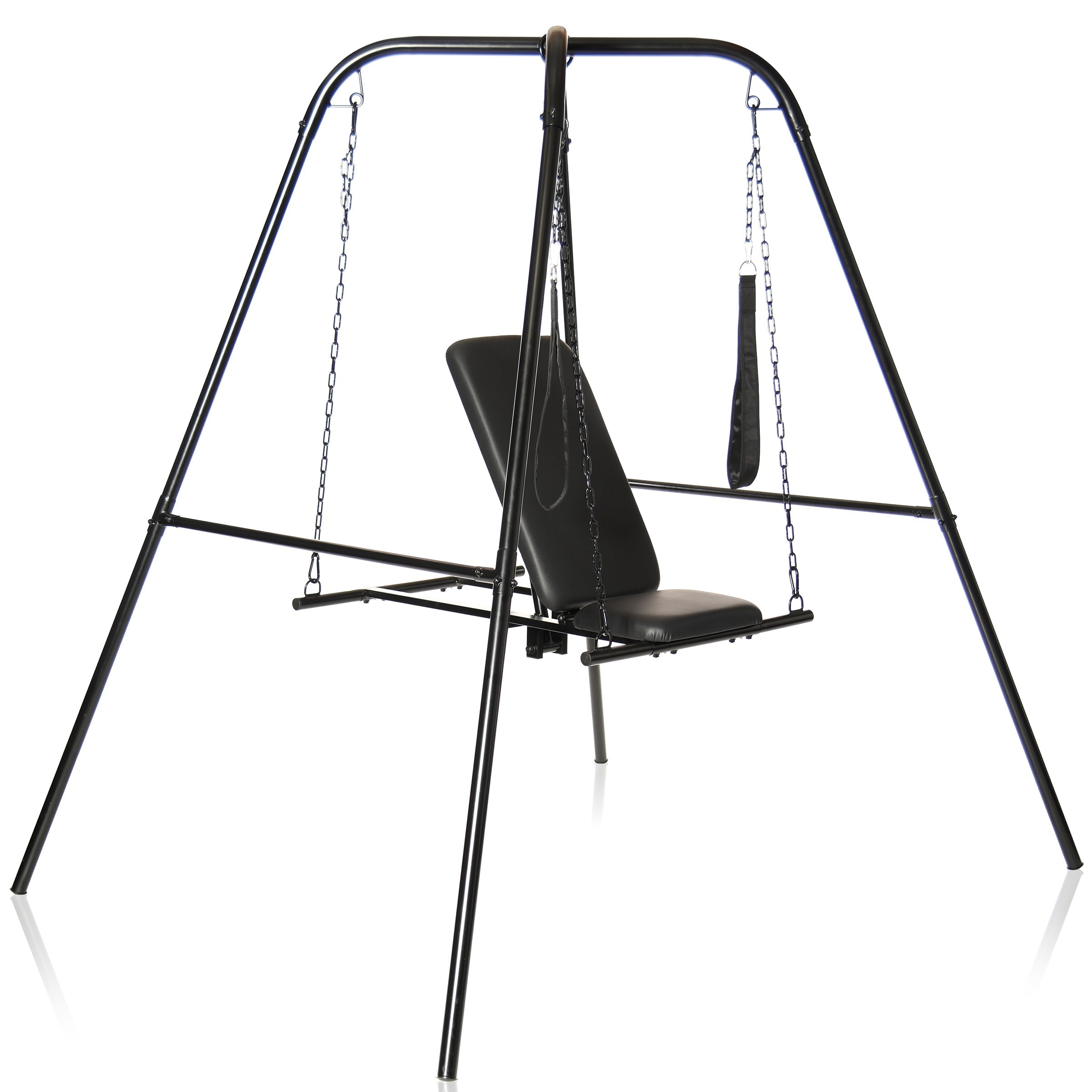 Side view of the Throne Adjustable Sex Swing with a sturdy black frame